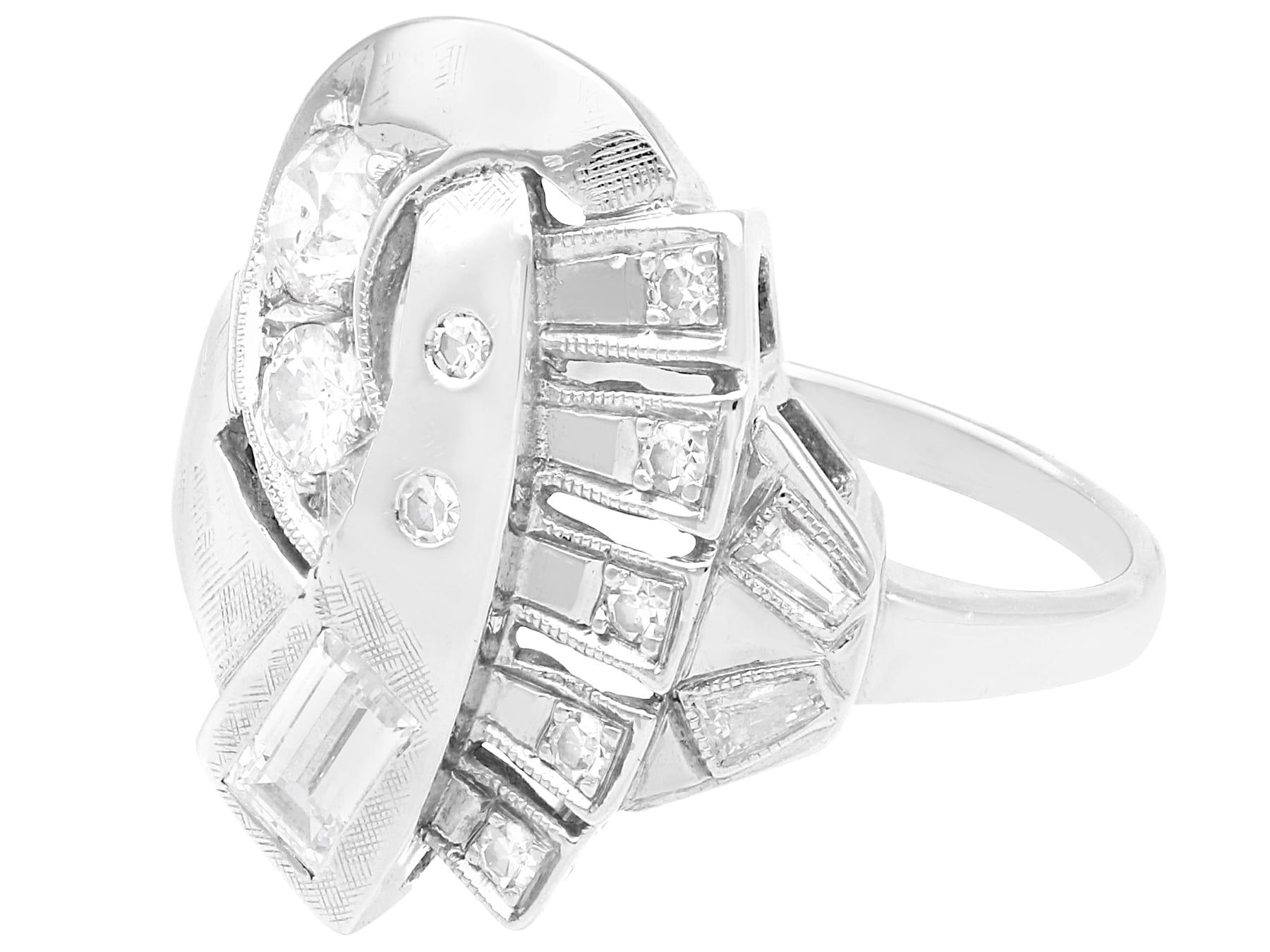 Mixed Cut Vintage 1950s 0.75 Carat Diamond and 14k White Gold Art Deco Twist Ring For Sale