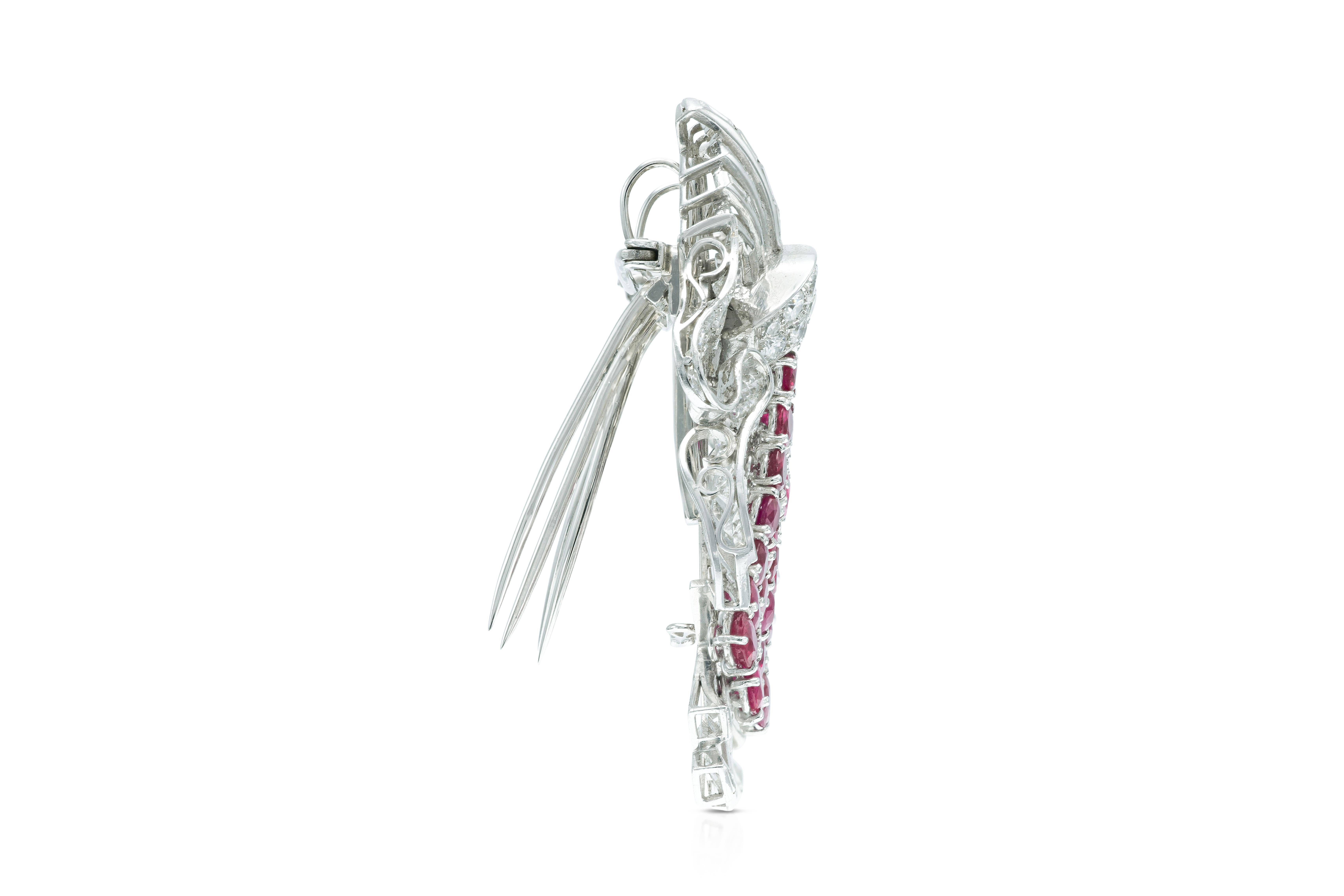 Round Cut Vintage 1950s 12.00 Carat Diamond & 9.00 Carat Ruby Double Clip Brooch For Sale