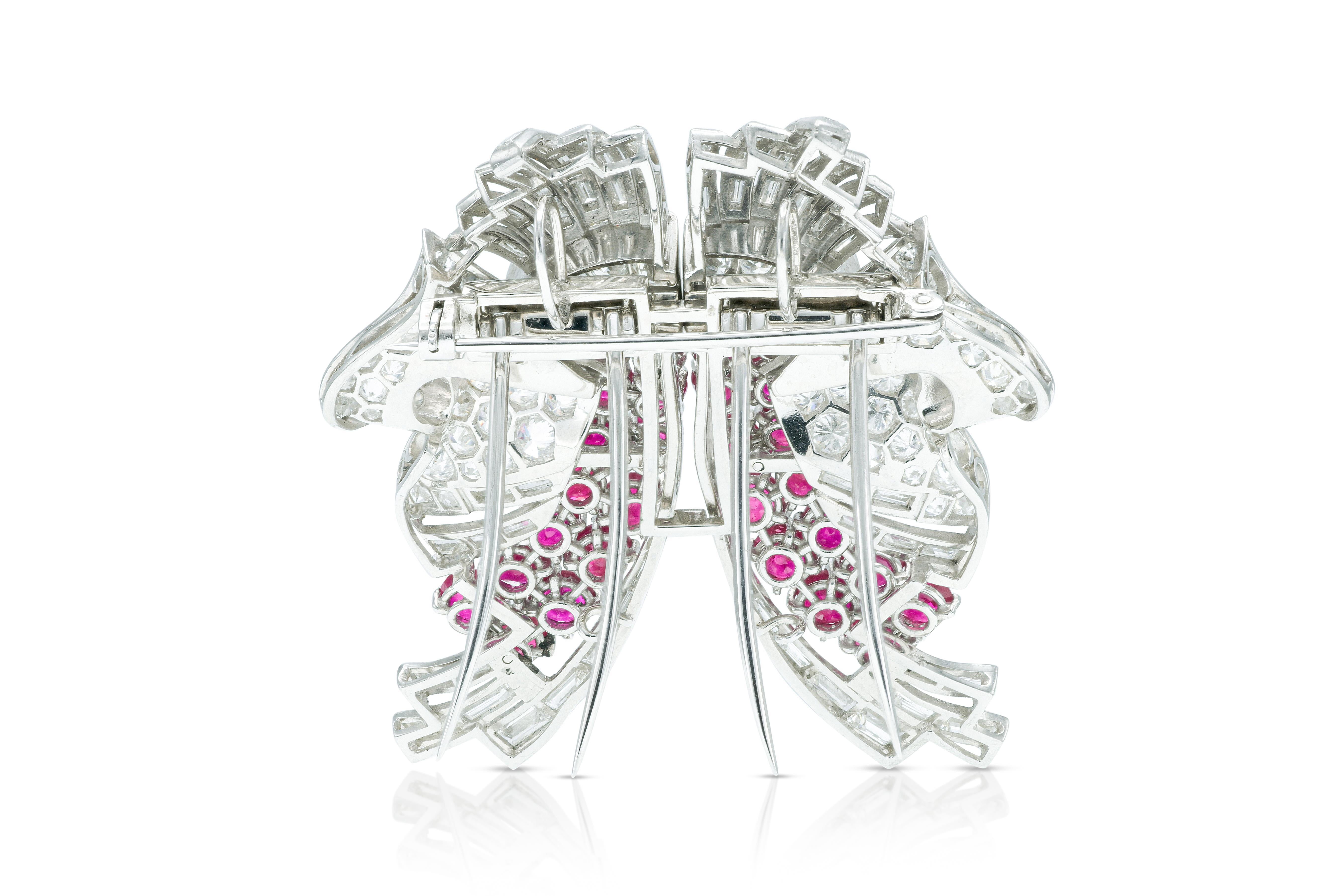 Vintage 1950s 12.00 Carat Diamond & 9.00 Carat Ruby Double Clip Brooch In Good Condition For Sale In New York, NY