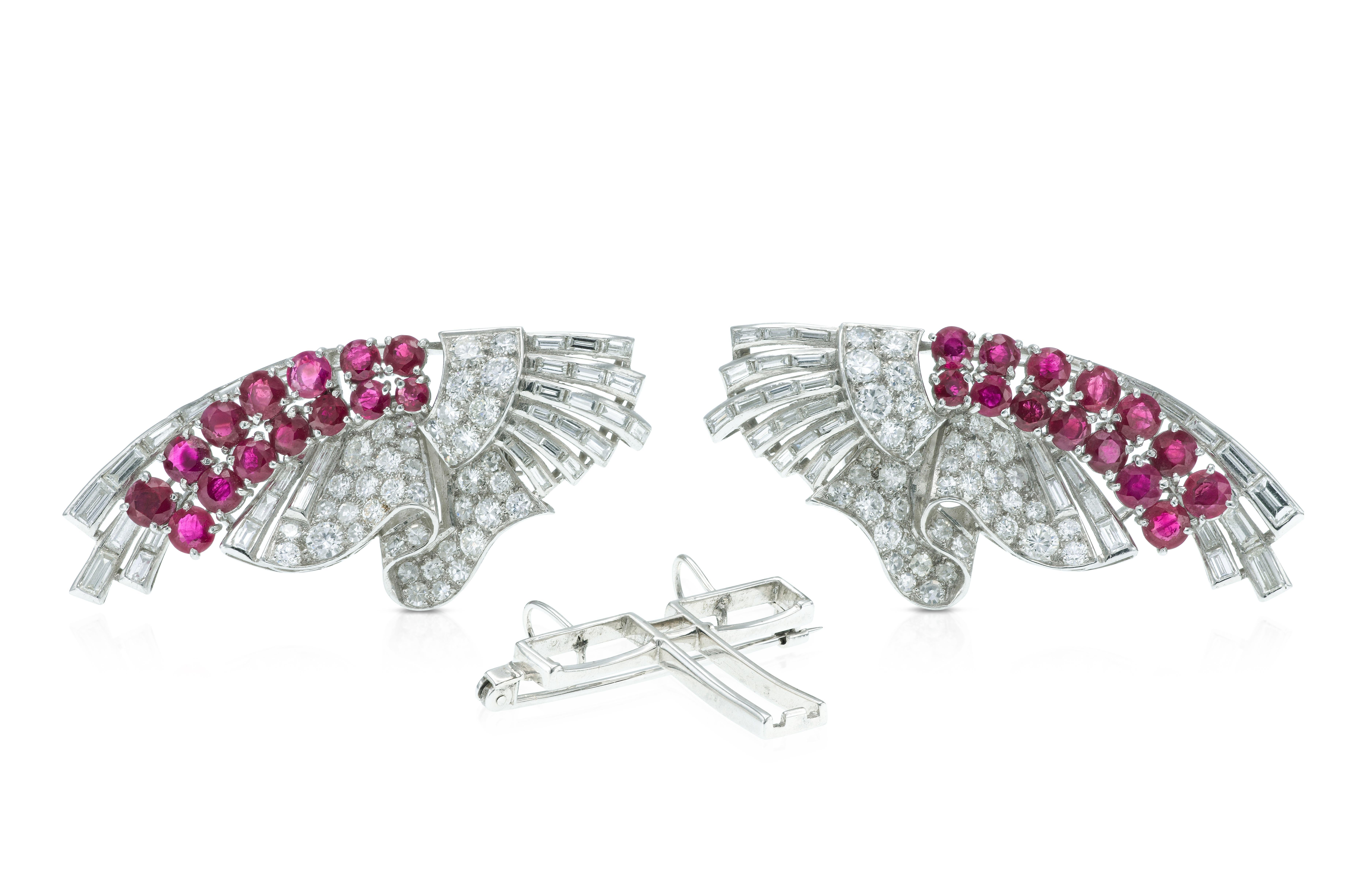 Women's Vintage 1950s 12.00 Carat Diamond & 9.00 Carat Ruby Double Clip Brooch For Sale