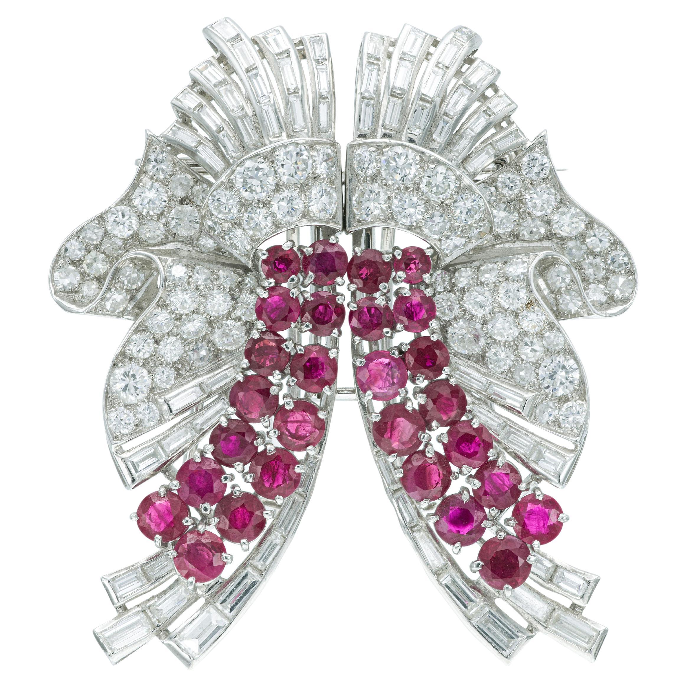 Vintage 1950s 12.00 Carat Diamond & 9.00 Carat Ruby Double Clip Brooch