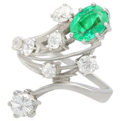 Vintage 1950s 1.29Ct Oval Cut Emerald 2.02Ct Diamond White Gold Cocktail Ring