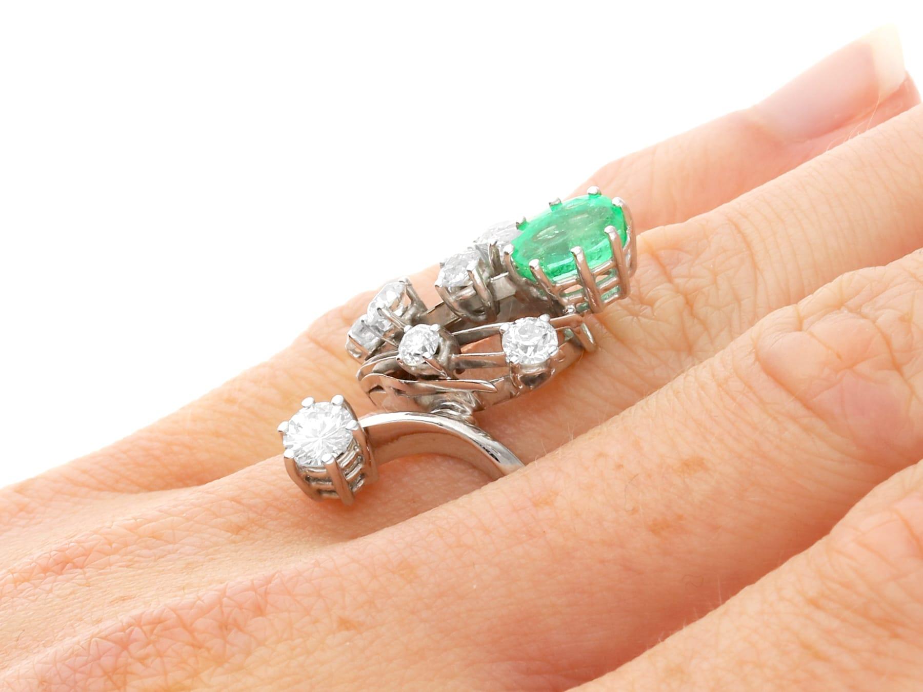 Vintage 1950s 1.29ct Oval Cut Emerald 2.02ct Diamond White Gold Cocktail Ring For Sale 4