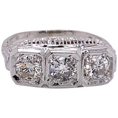 Vintage 1950s 14 Karat White Gold 3-Stone Diamond Filigree Ring 1.00 Carat