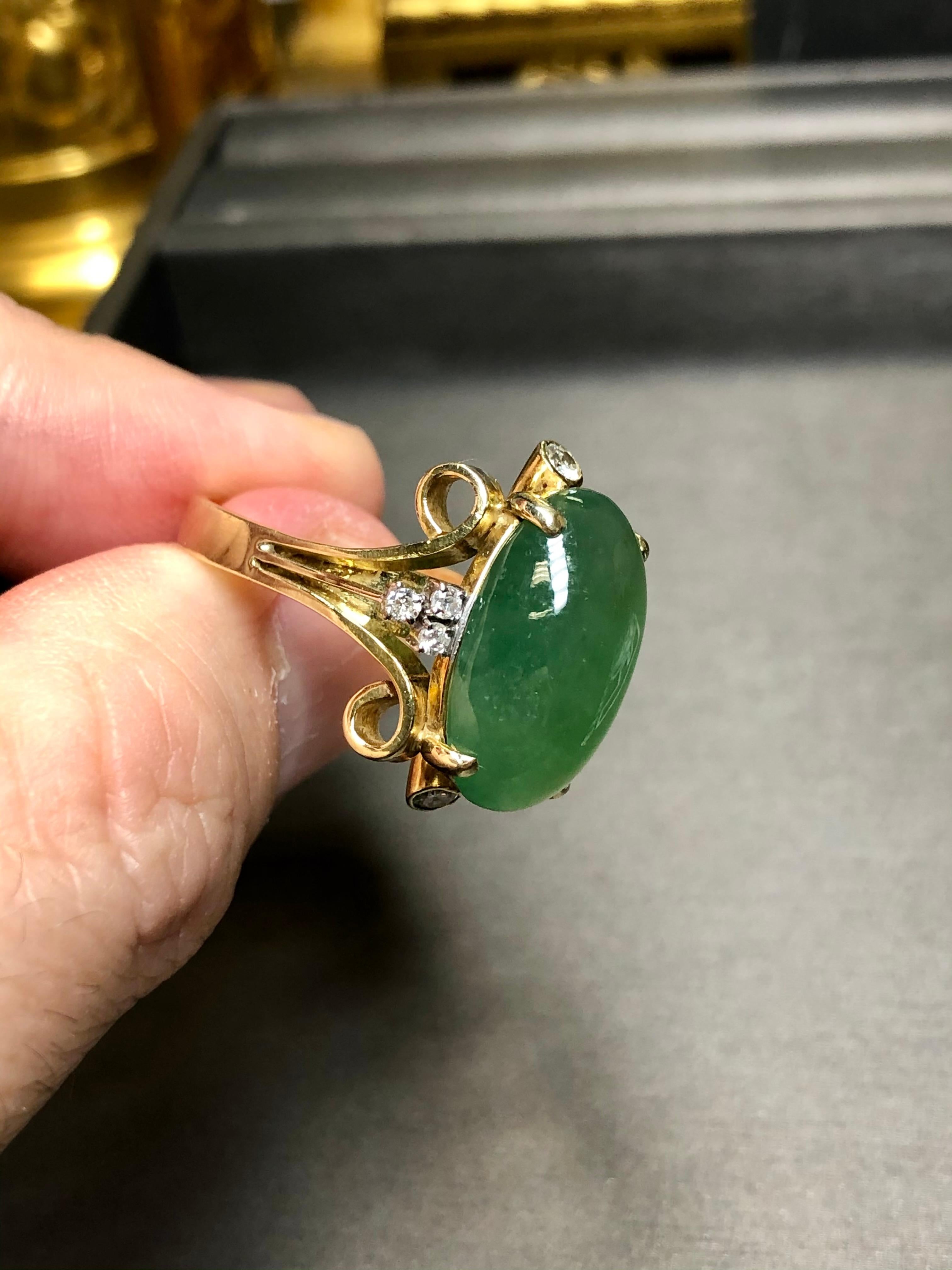 Contemporary Vintage 1950's 14K Cabochon Jade Diamond Scroll Cocktail Ring 17.28cttw Sz 8.5 For Sale