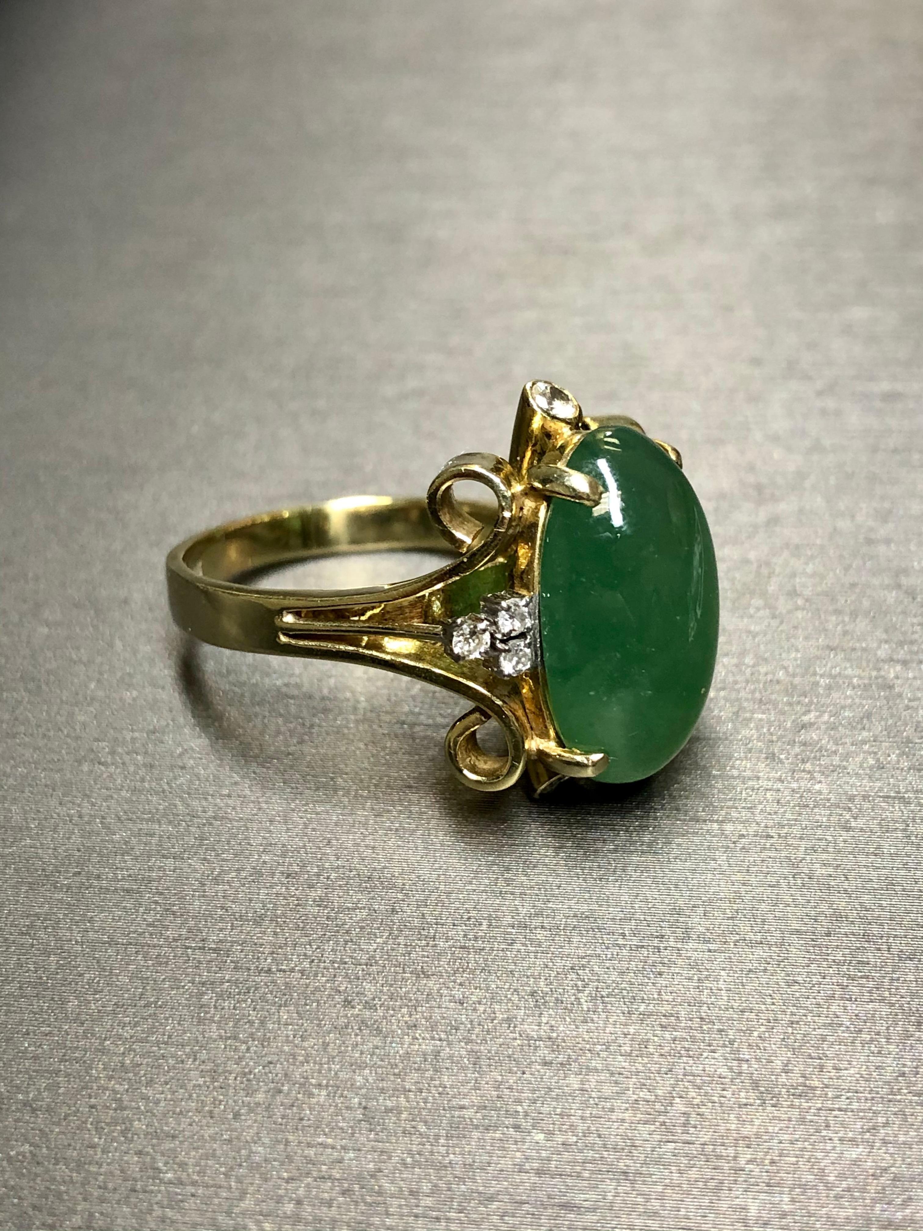 Women's or Men's Vintage 1950's 14K Cabochon Jade Diamond Scroll Cocktail Ring 17.28cttw Sz 8.5 For Sale