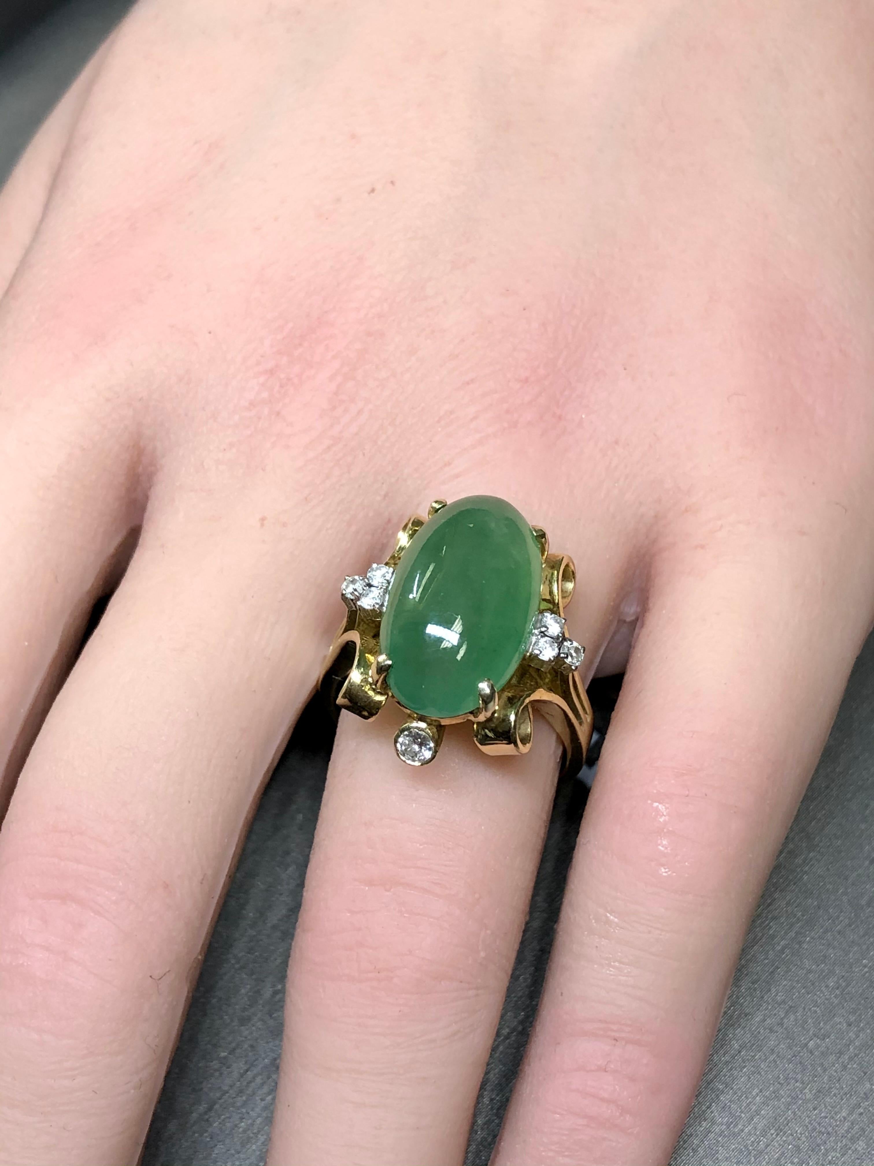 Vintage 1950's 14K Cabochon Jade Diamond Scroll Cocktail Ring 17.28cttw Sz 8.5 For Sale 1