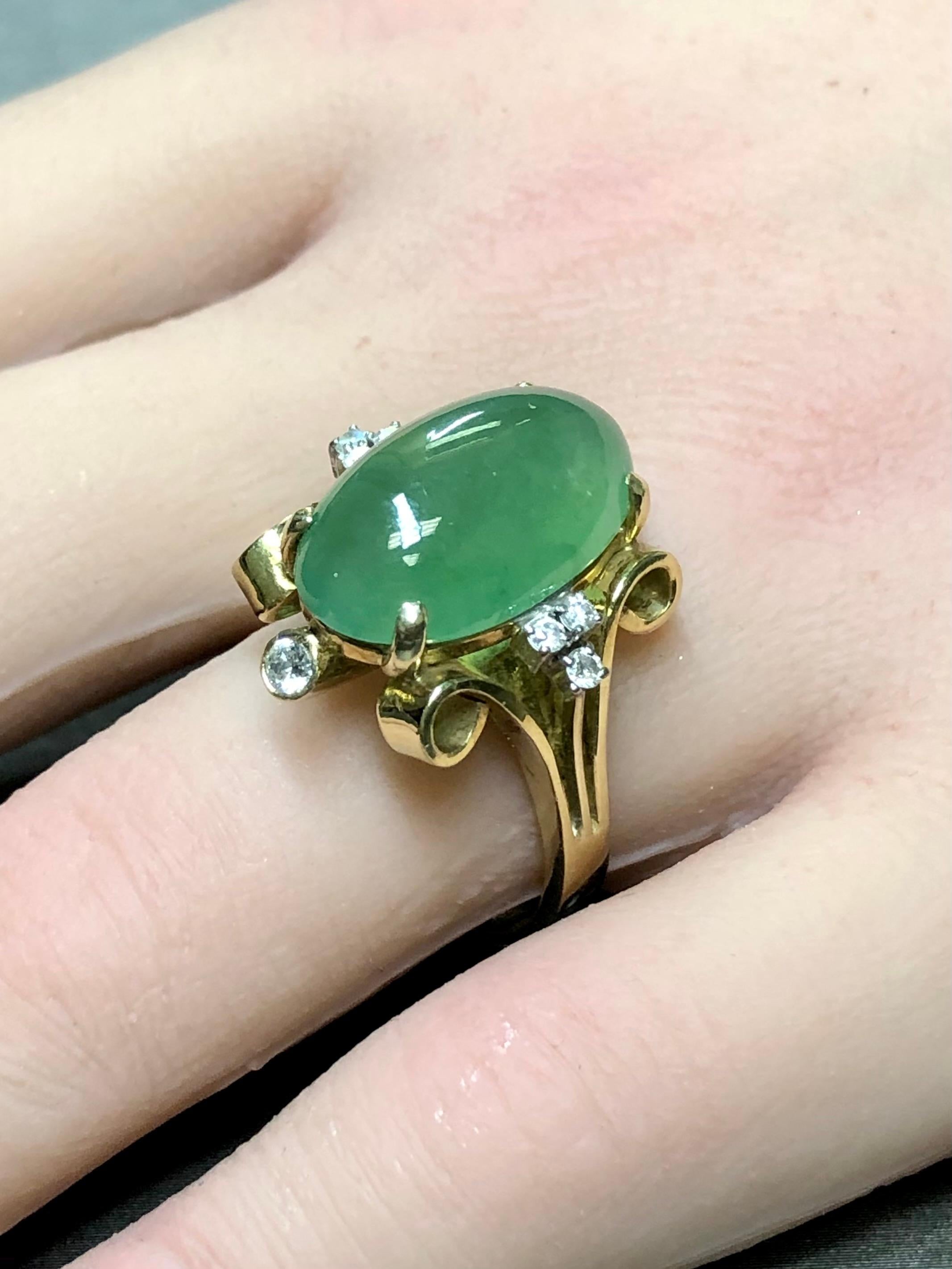 Vintage 1950's 14K Cabochon Jade Diamond Scroll Cocktail Ring 17.28cttw Sz 8.5 For Sale 2