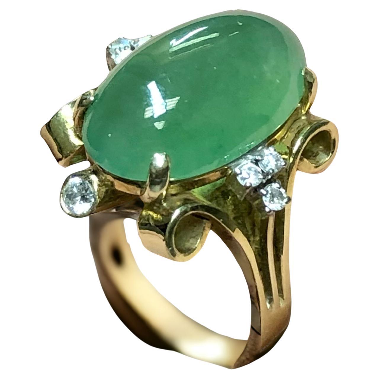 Vintage 1950's 14K Cabochon Jade Diamond Scroll Cocktail Ring 17.28cttw Sz 8.5 For Sale