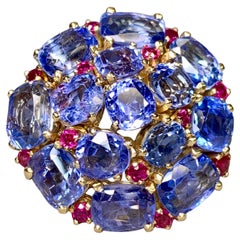 Vintage 1950s 14K Gold 20ctw Natural No Heat Sapphire Ruby Cluster Ring GIA