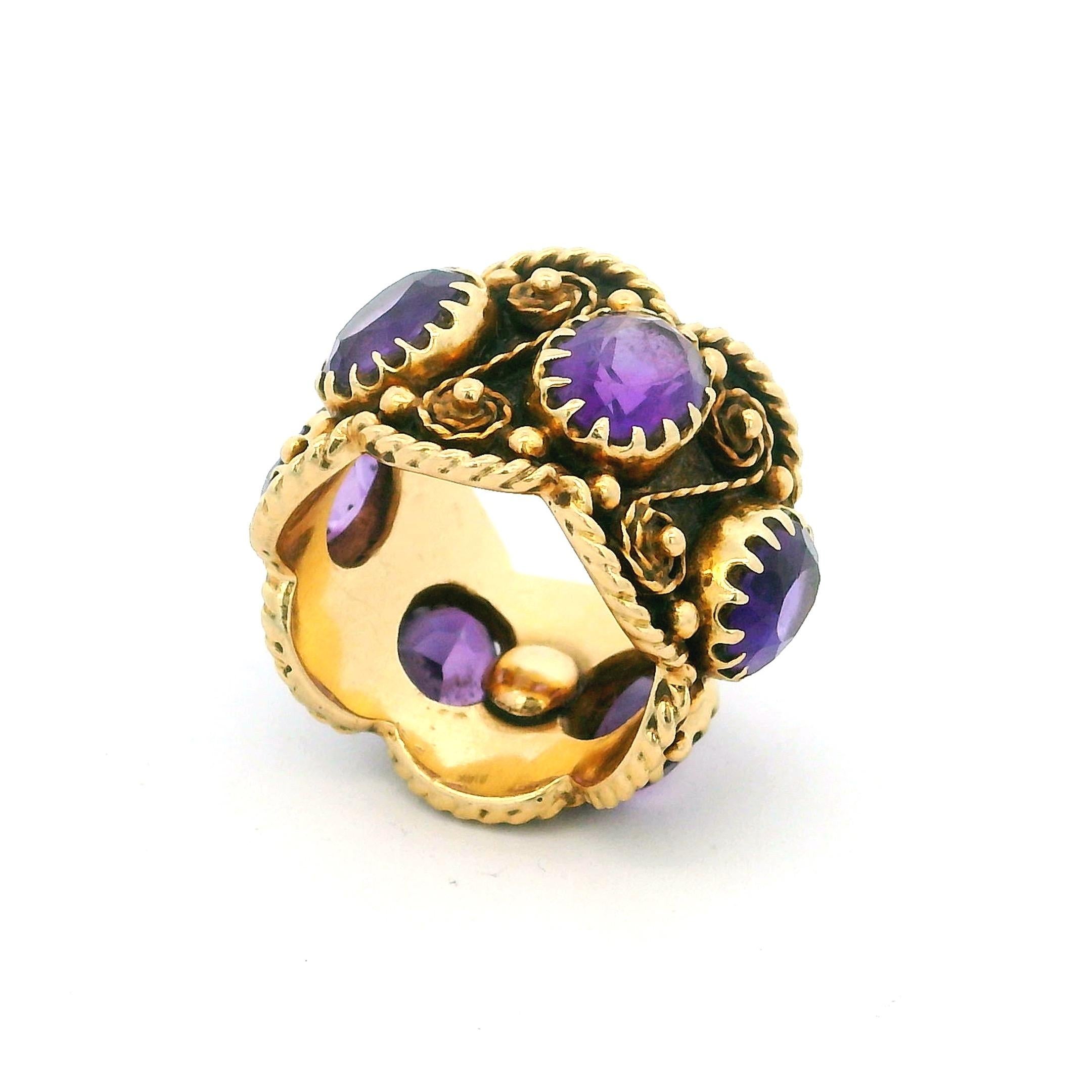 Oval Cut Vintage 1950s 14K Gold Amethyst Scrollwork Band Ring, 7.6 Carats For Sale