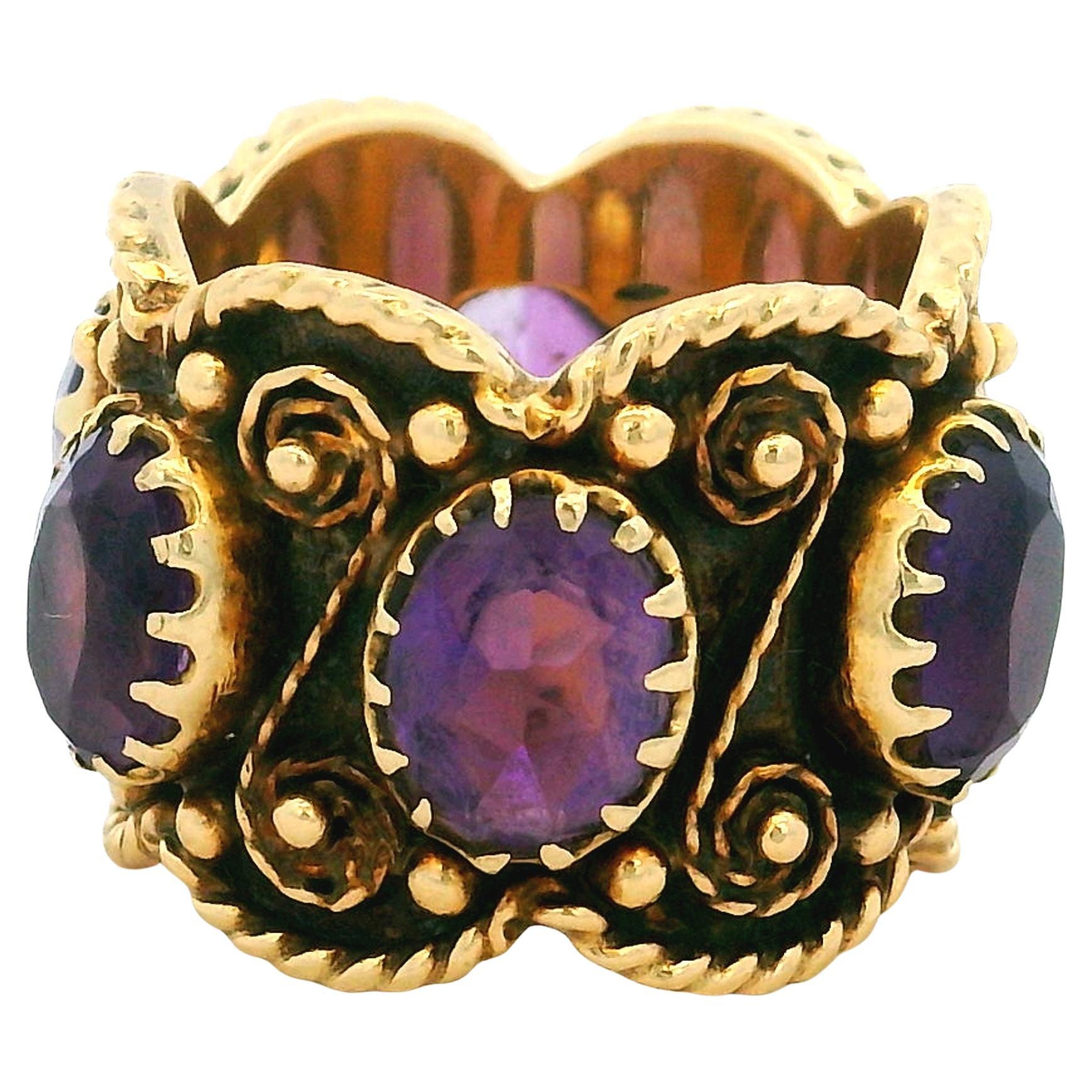 Vintage 1950s 14K Gold Amethyst Scrollwork Band Ring, 7.6 Carats