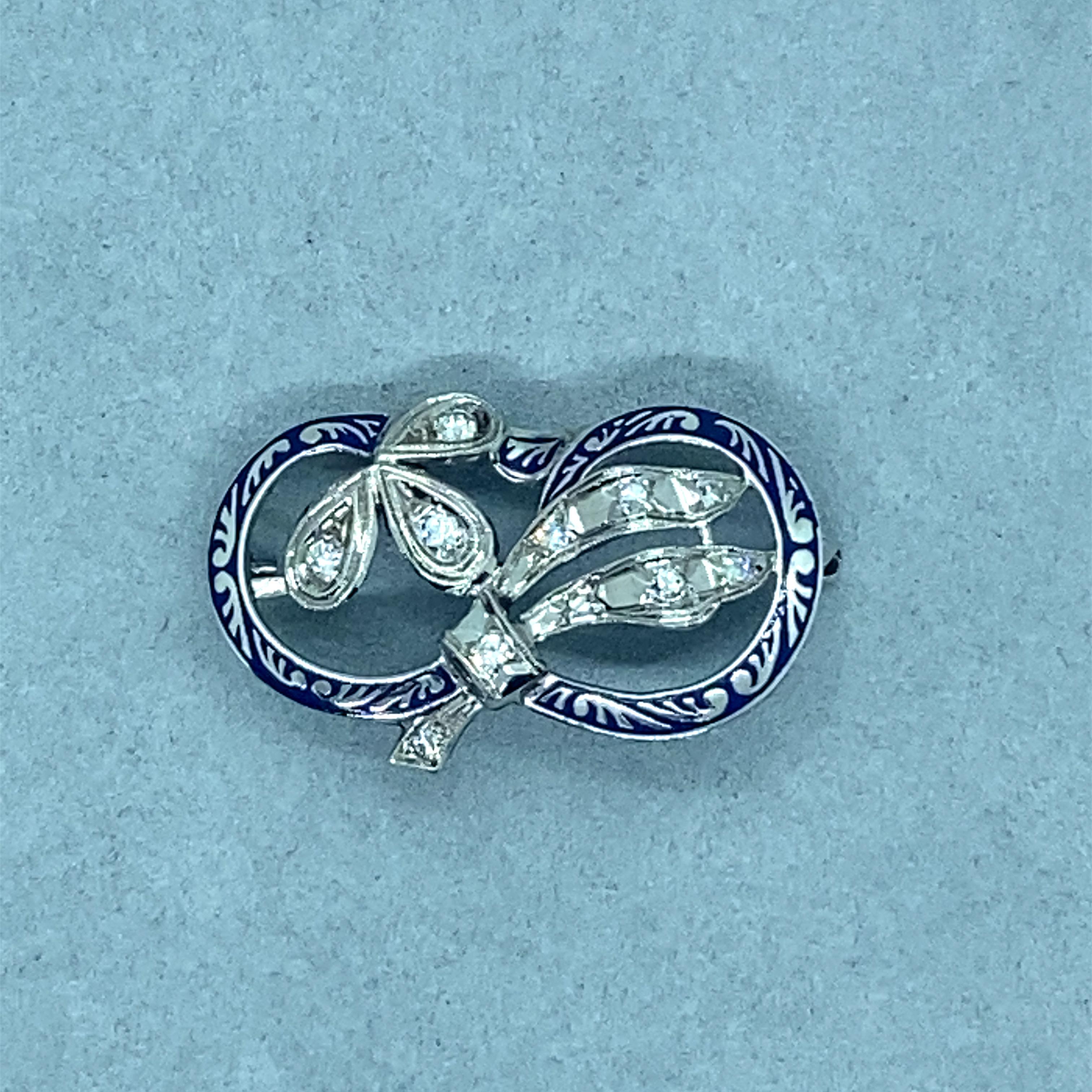 Vintage 1950’s 14k White Gold Diamond and Blue Enamel Pin In Good Condition For Sale In Boston, MA