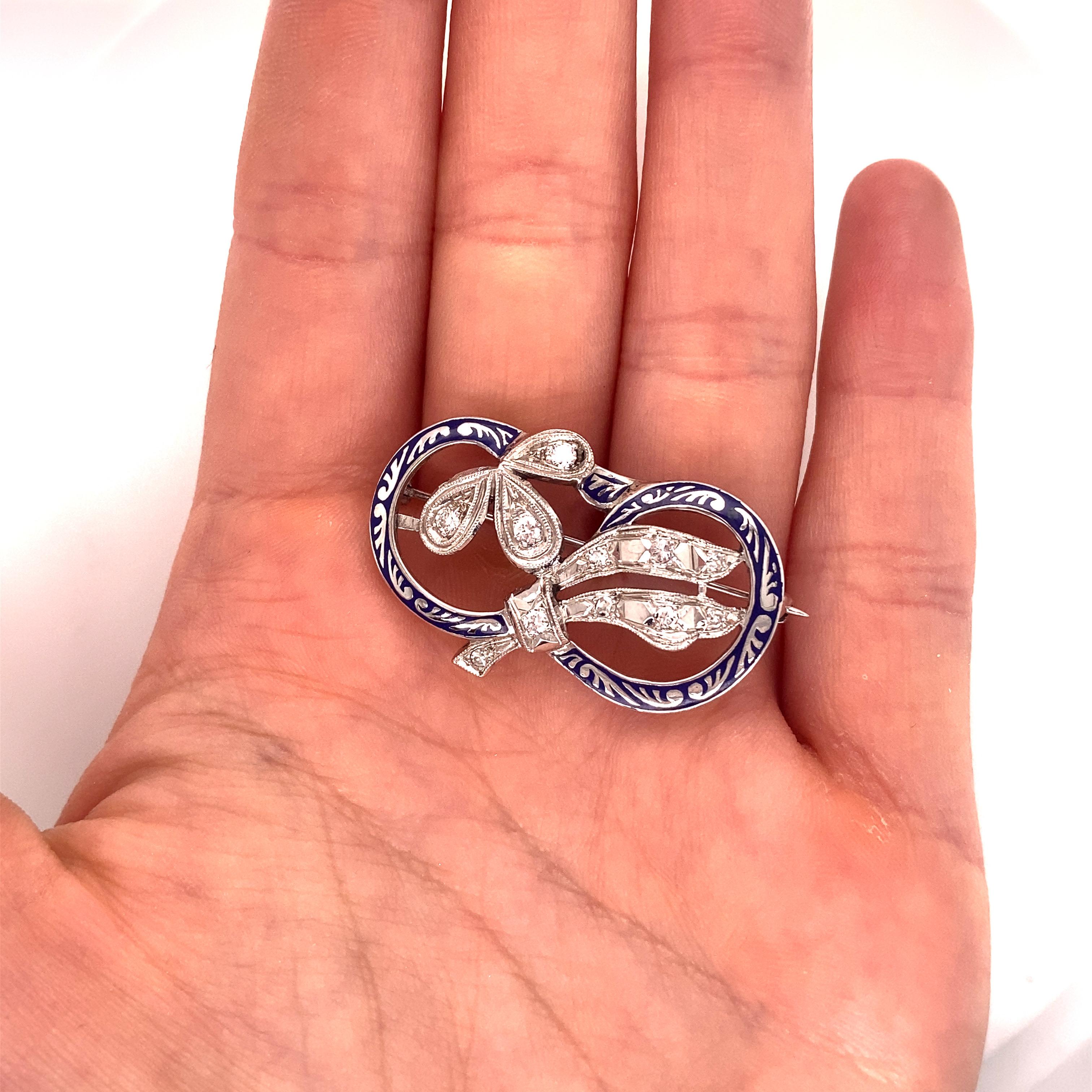Women's Vintage 1950’s 14k White Gold Diamond and Blue Enamel Pin For Sale