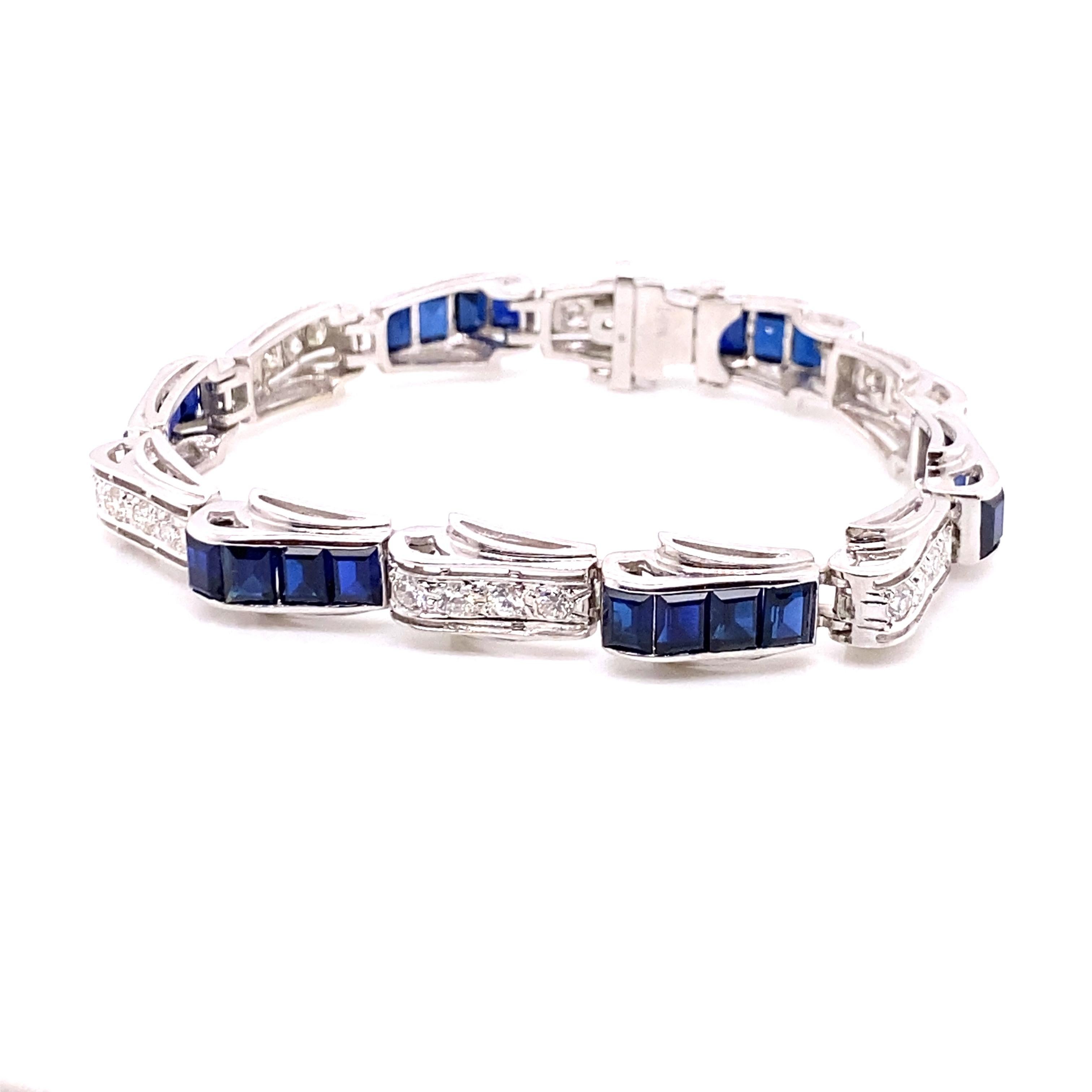 Round Cut Vintage 1950's 14k White Gold Diamond and Lab Created Sapphire Bracelet For Sale