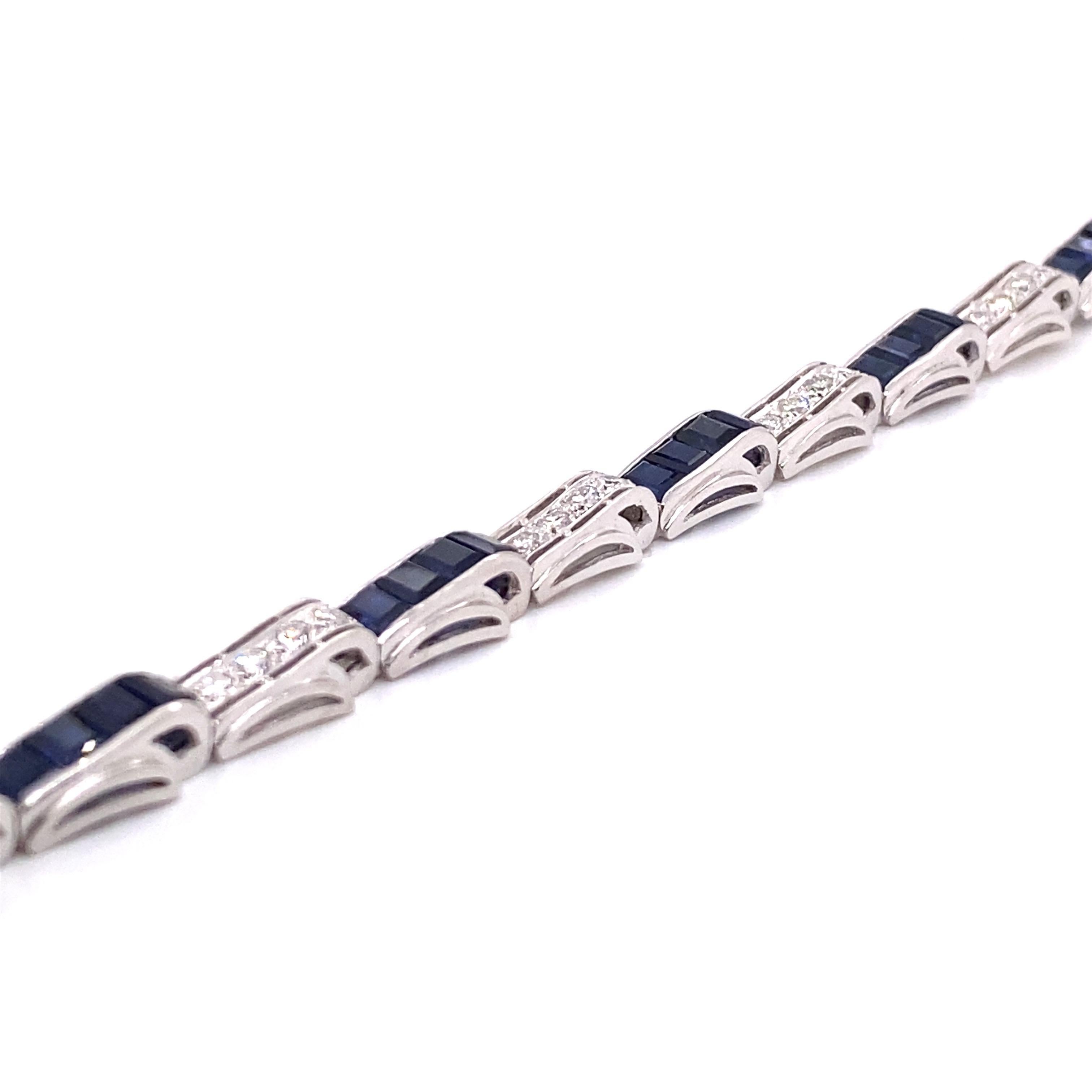 Vintage 1950's 14k White Gold Diamond and Lab Created Sapphire Bracelet In Good Condition For Sale In Boston, MA