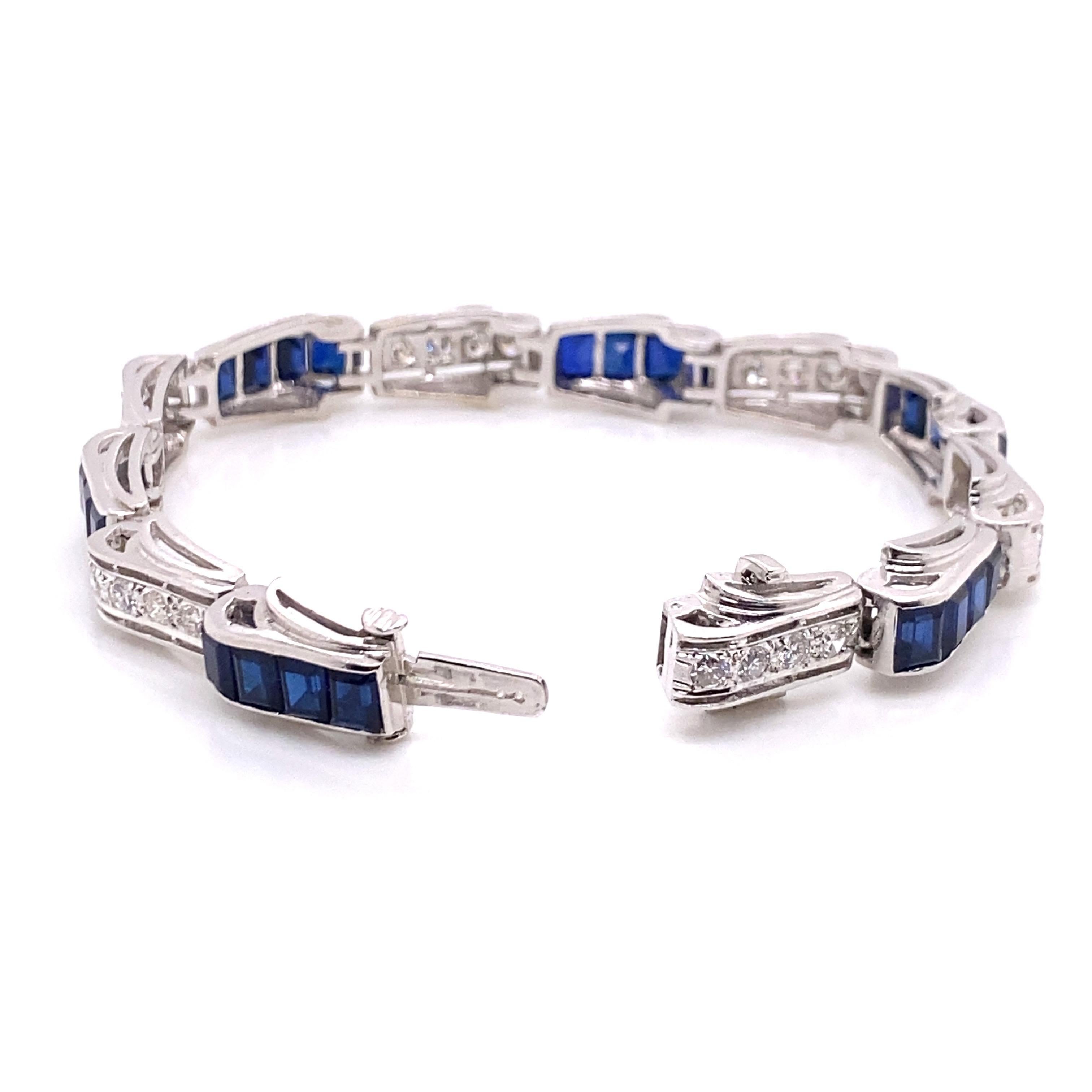 Women's Vintage 1950's 14k White Gold Diamond and Lab Created Sapphire Bracelet For Sale