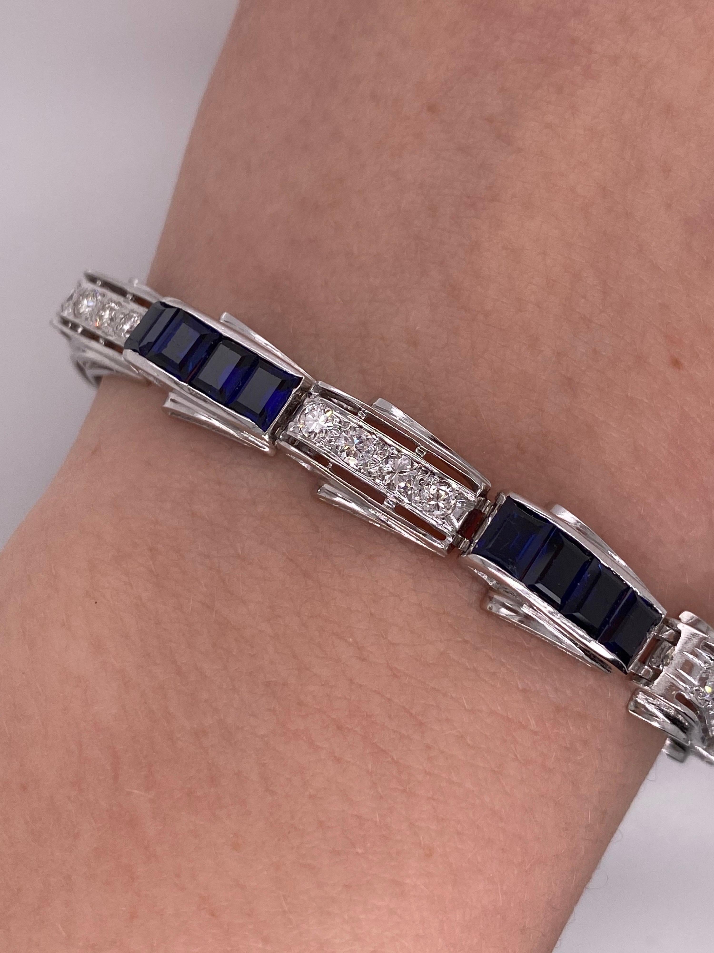 Vintage 1950's 14k White Gold Diamond and Lab Created Sapphire Bracelet For Sale 1