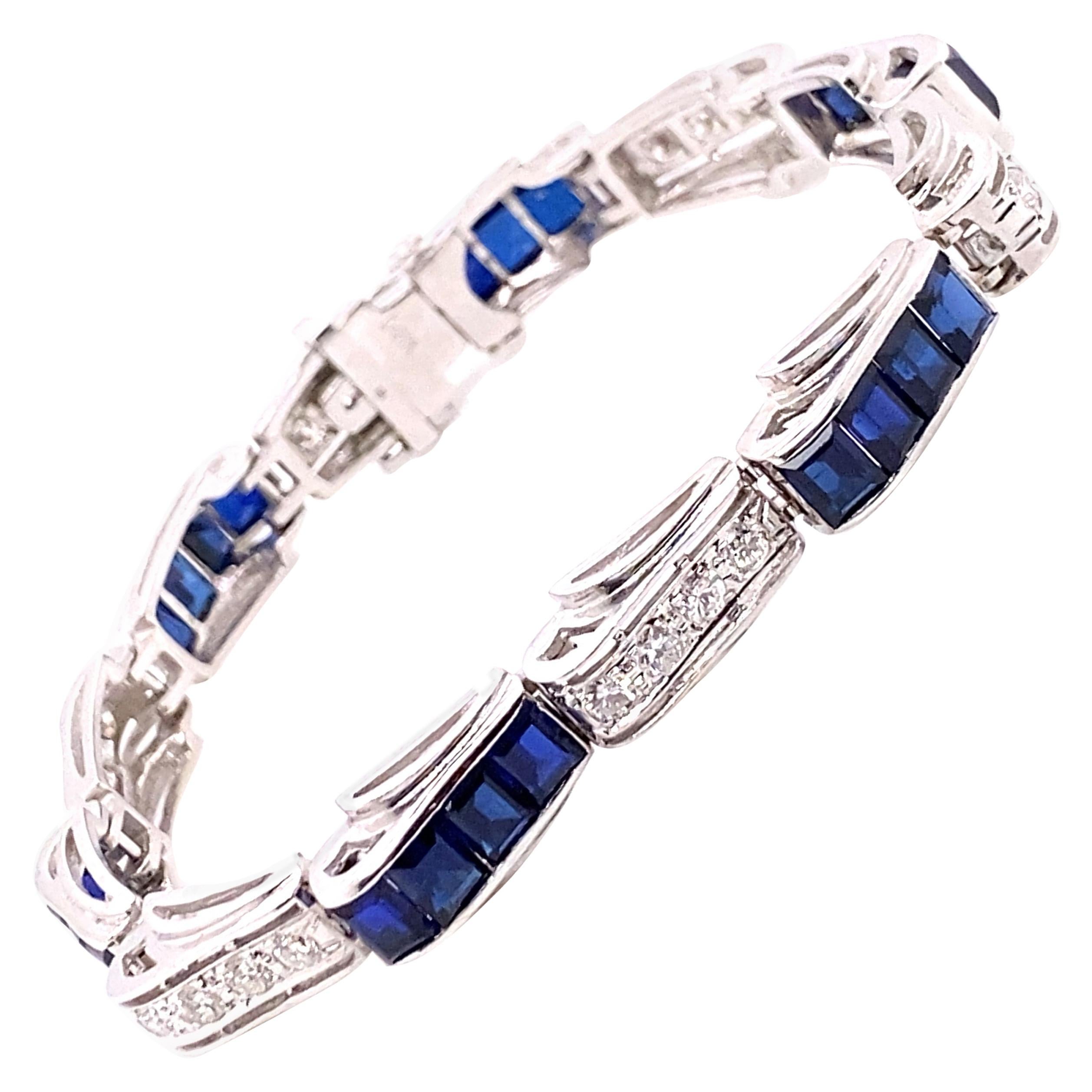 Vintage 1950's 14k White Gold Diamond and Lab Created Sapphire Bracelet For Sale