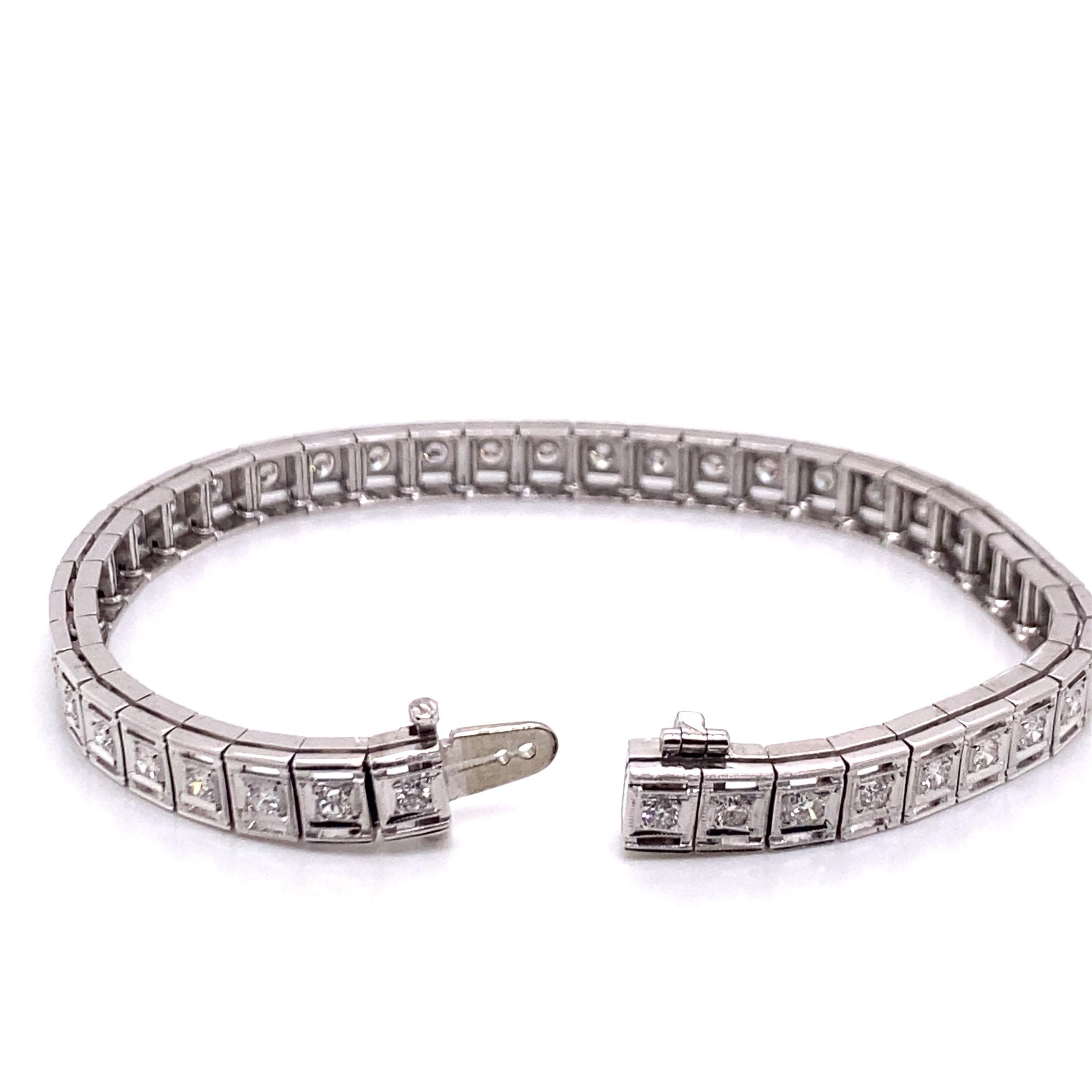 Retro Vintage 1950's 14k White Gold Diamond Tennis Bracelet 1.26ct For Sale