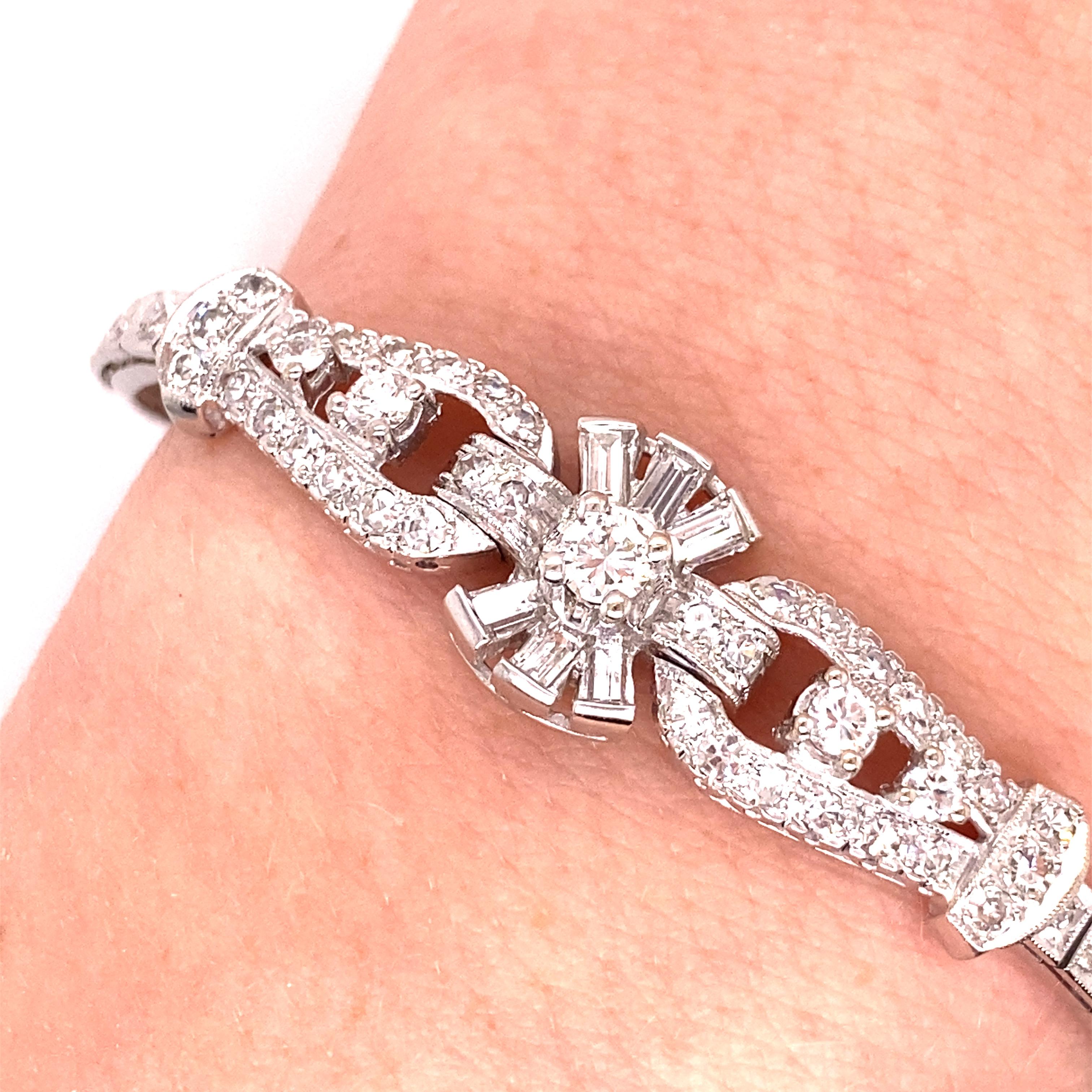 Vintage 1950's 14K White Gold Diamond with Baguettes Bracelet 2.25ct - The bracelet contains 75 round full cut and single cut diamonds and 6 baguette diamonds for a total approximate weight of 2.25ct. The diamonds are G-H color and VS-SI clarity.