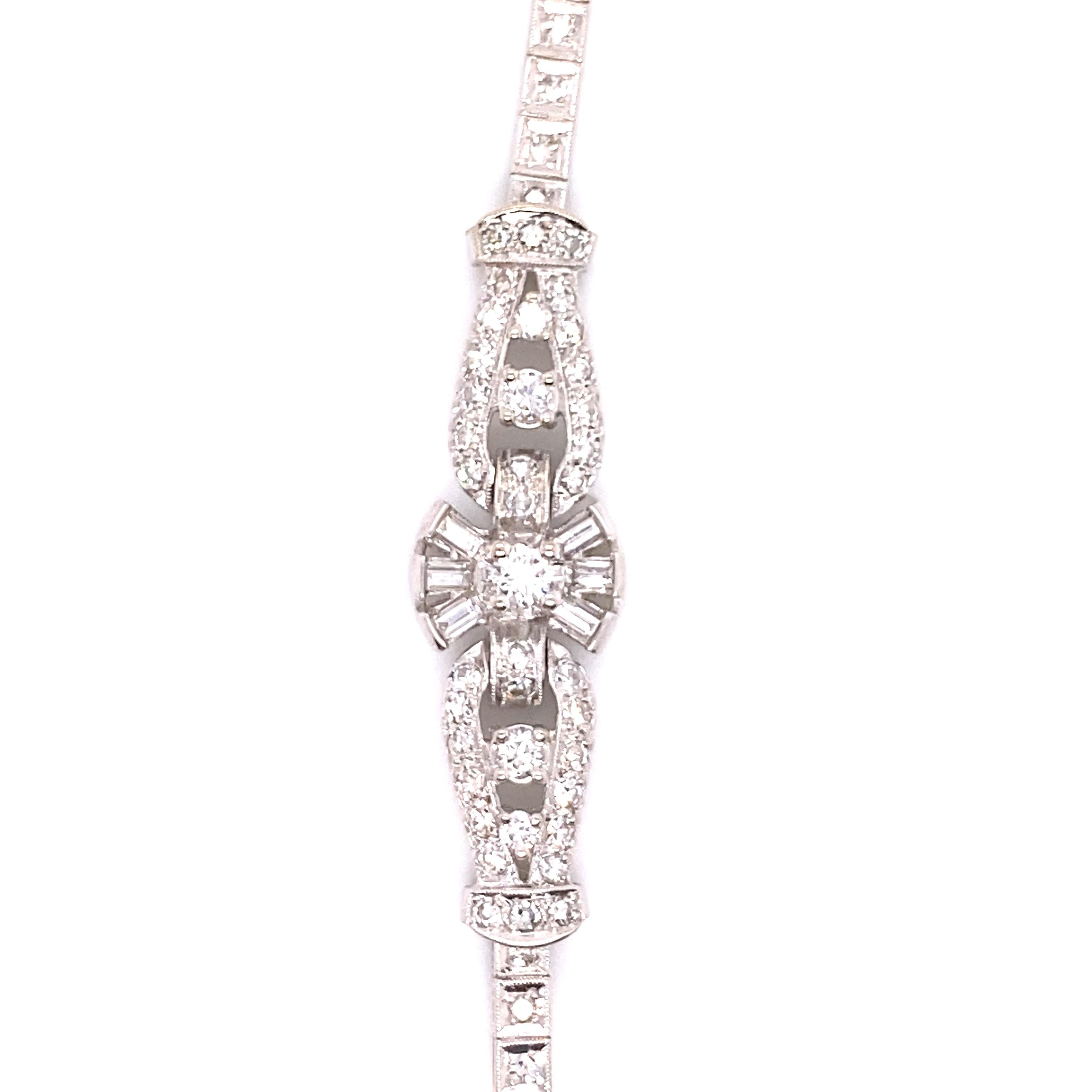 Vintage 1950's 14k White Gold Diamond with Baguettes Bracelet 2.25ct In Good Condition In Boston, MA