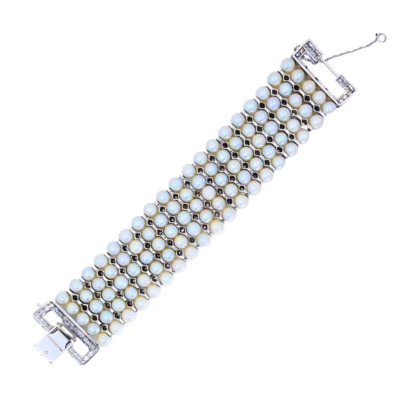 Vintage 1950s 14k White Gold Pearl and Diamond Bracelet Estate Jewelry For Sale 5