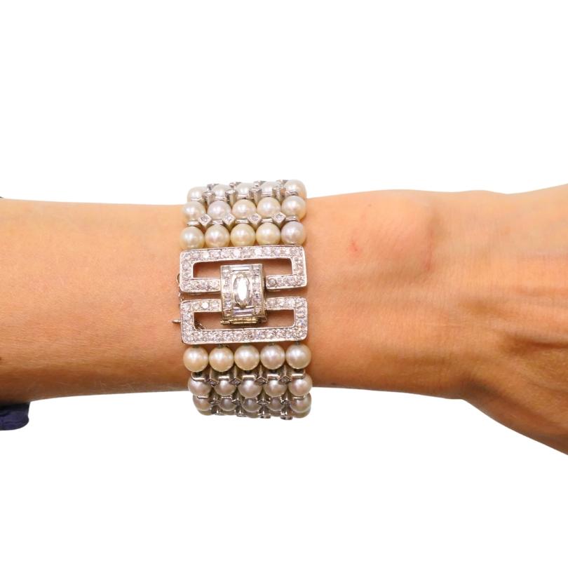 Vintage 1950s 14k White Gold Pearl and Diamond Bracelet Estate Jewelry For Sale 6