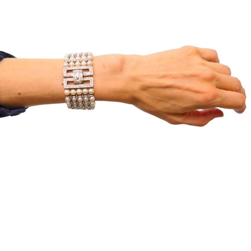 Mixed Cut Vintage 1950s 14k White Gold Pearl and Diamond Bracelet Estate Jewelry For Sale