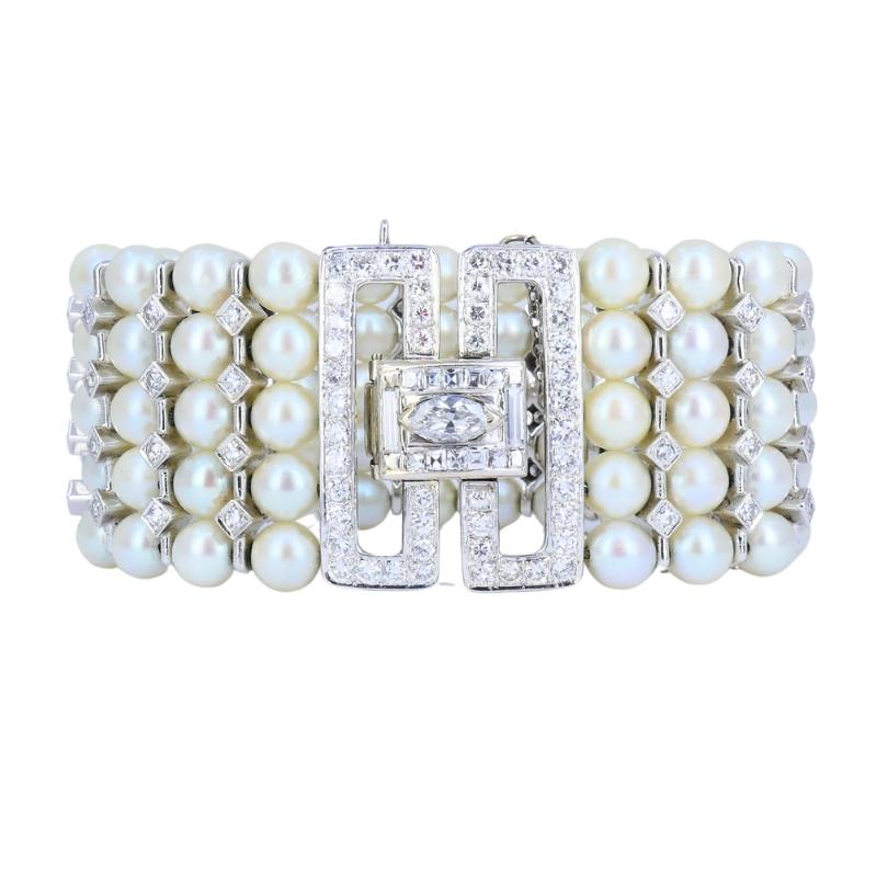 Vintage 1950s 14k White Gold Pearl and Diamond Bracelet Estate Jewelry In Good Condition For Sale In Beverly Hills, CA