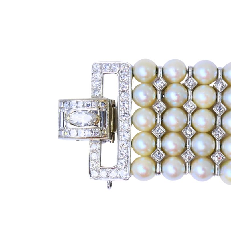 Women's Vintage 1950s 14k White Gold Pearl and Diamond Bracelet Estate Jewelry For Sale
