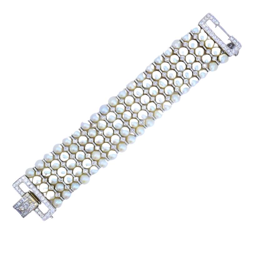 Vintage 1950s 14k White Gold Pearl and Diamond Bracelet Estate Jewelry For Sale 1