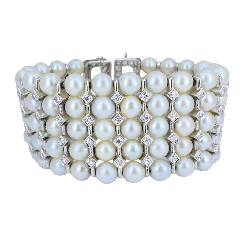 Vintage 1950s 14k White Gold Pearl and Diamond Bracelet Estate Jewelry For Sale 2
