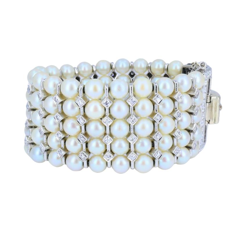 Vintage 1950s 14k White Gold Pearl and Diamond Bracelet Estate Jewelry For Sale 3