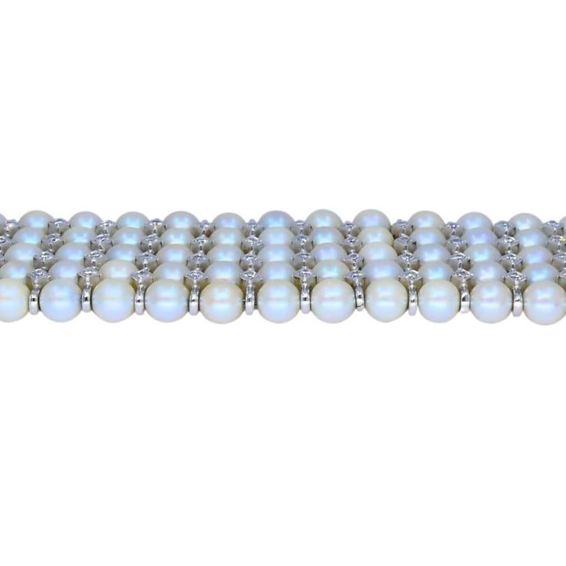 Vintage 1950s 14k White Gold Pearl and Diamond Bracelet Estate Jewelry For Sale 4