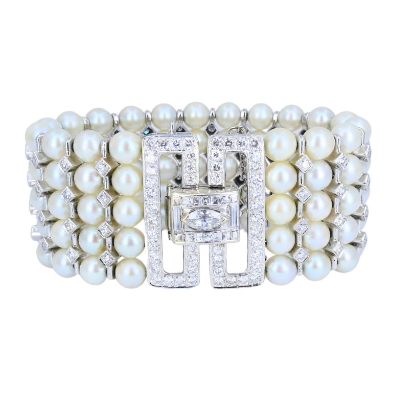 Vintage 1950s 14k White Gold Pearl and Diamond Bracelet Estate Jewelry For Sale