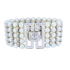 Vintage 1950s 14k White Gold Pearl and Diamond Bracelet Estate Jewelry