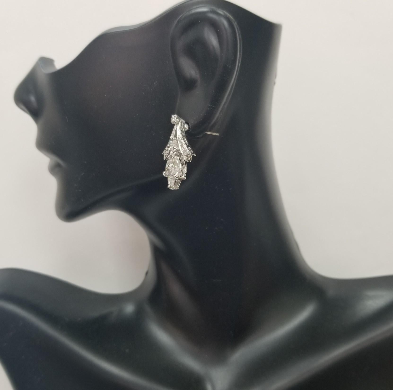 Vintage 1950s 14k White Gold Round and Marquise Cut Diamond Earrings In Excellent Condition For Sale In Los Angeles, CA