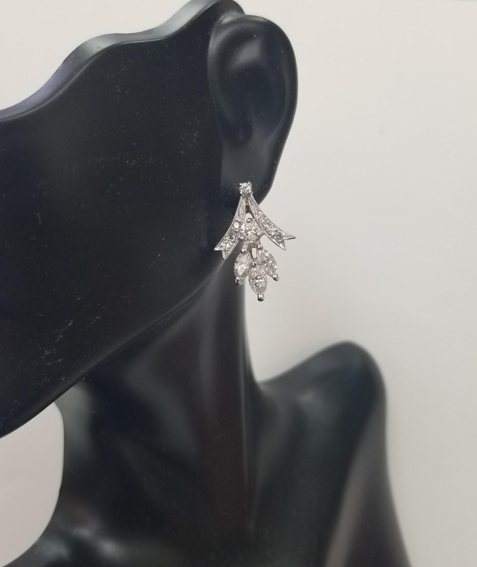 Women's or Men's Vintage 1950s 14k White Gold Round and Marquise Cut Diamond Earrings For Sale