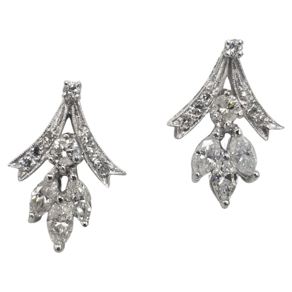 Vintage 1950s 14k White Gold Round and Marquise Cut Diamond Earrings For Sale