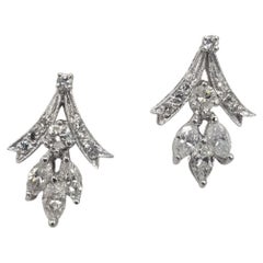 Vintage 1950s 14k White Gold Round and Marquise Cut Diamond Earrings
