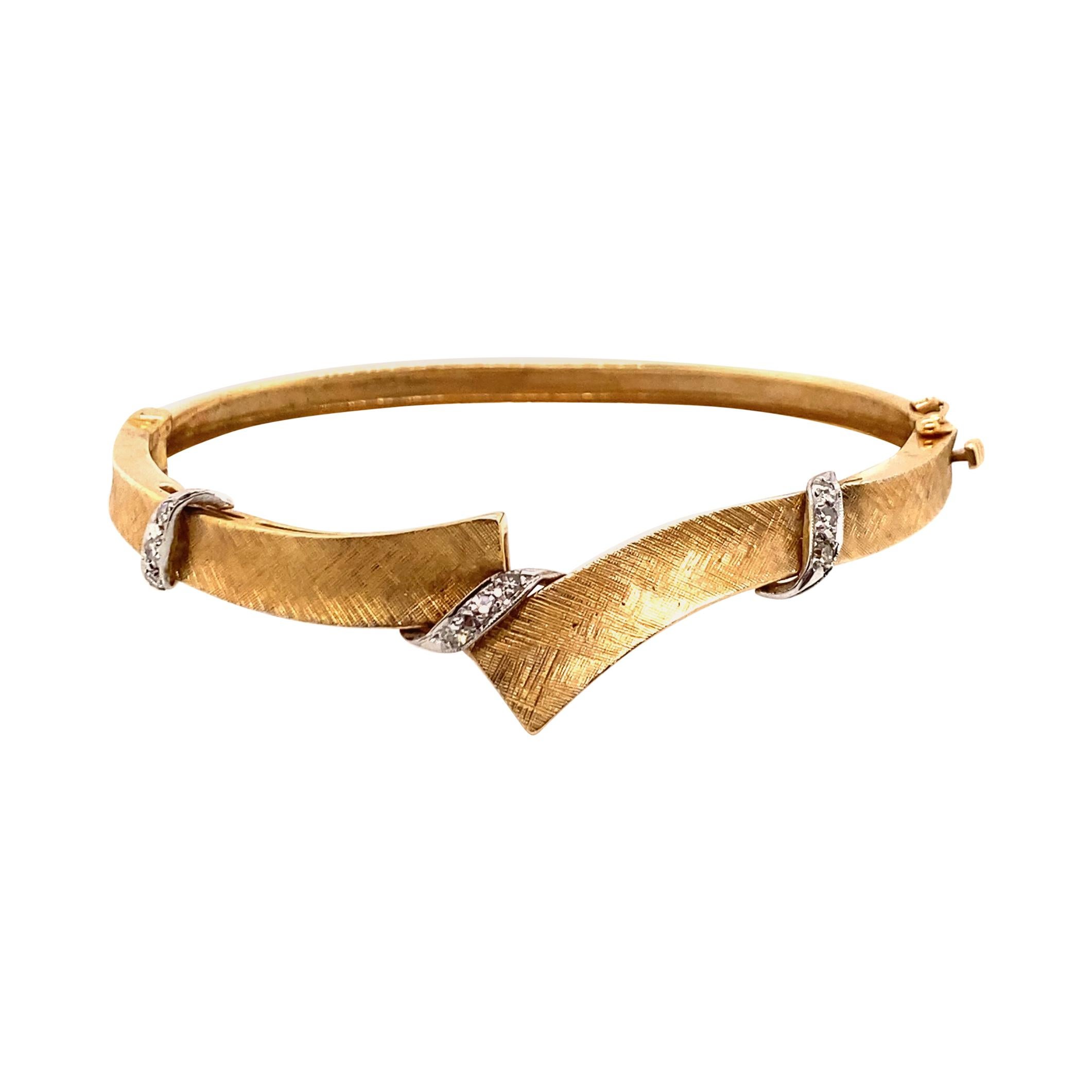 Vintage 1950's 14K Yellow Gold Bangle Bracelet with Diamond Accents For Sale