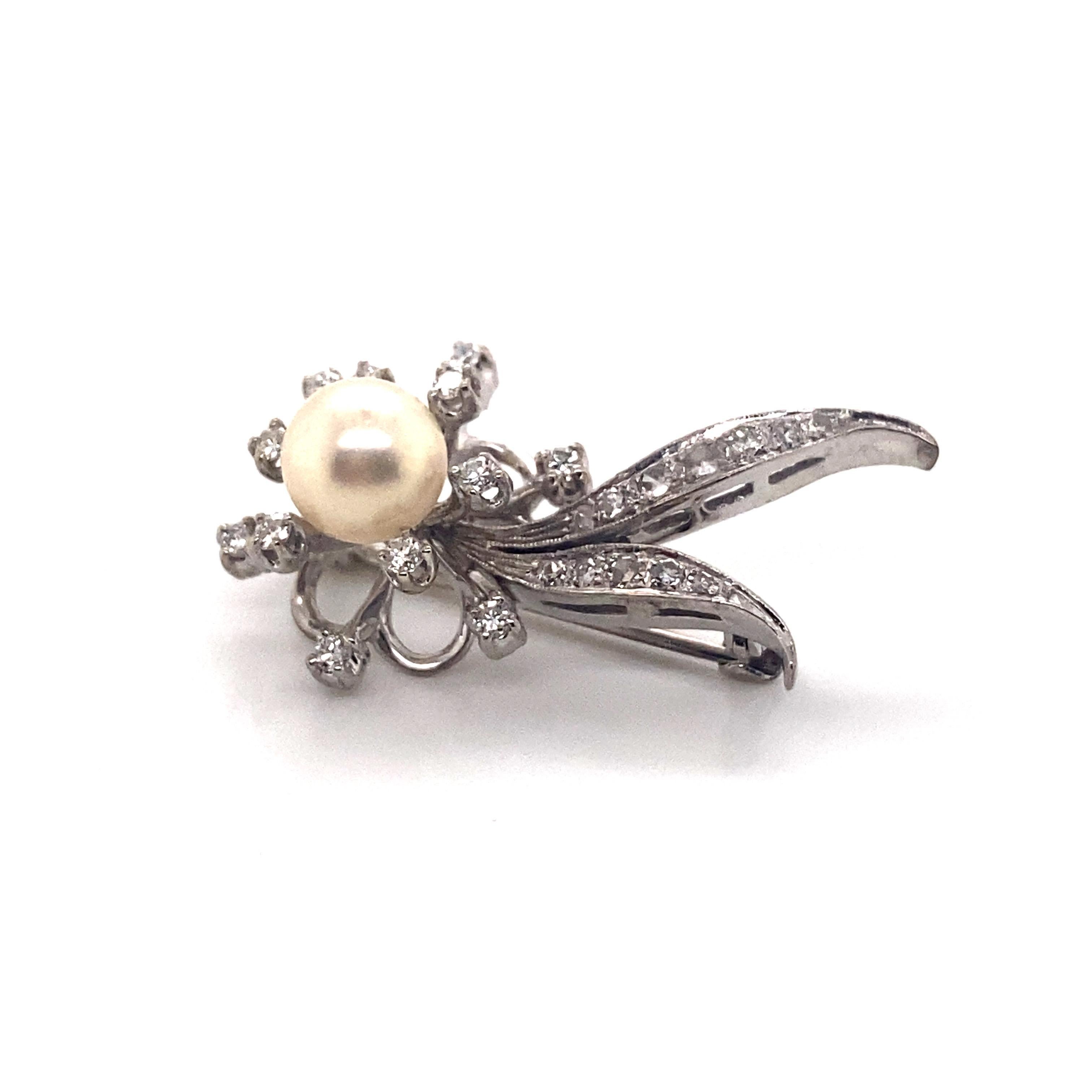 Revival Vintage 1950’s 14kw Diamond and Pearl Floral Pin For Sale