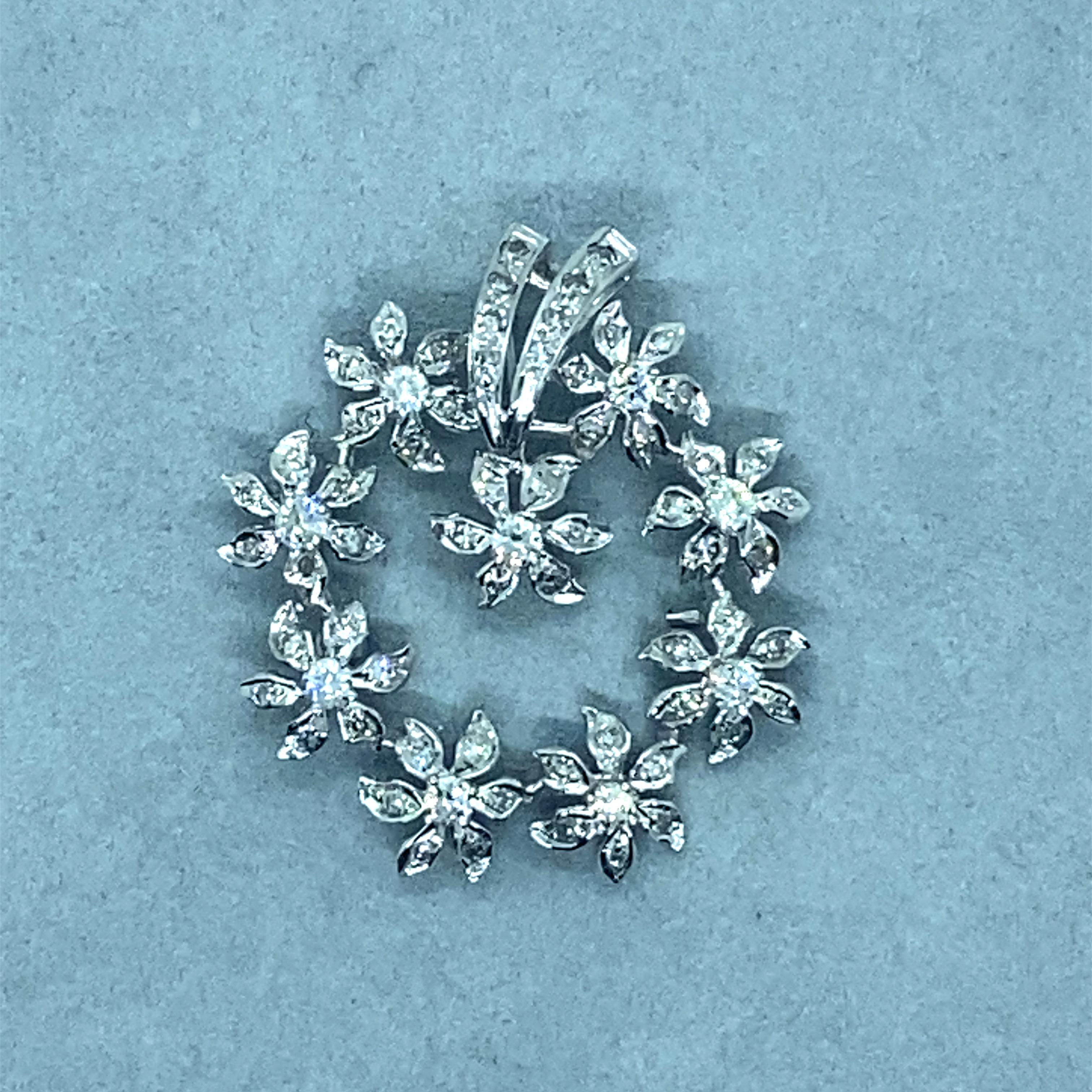 Vintage 1950’s 14kw Diamond Flower Wreath Brooch Pendant 2.00ct In Good Condition For Sale In Boston, MA