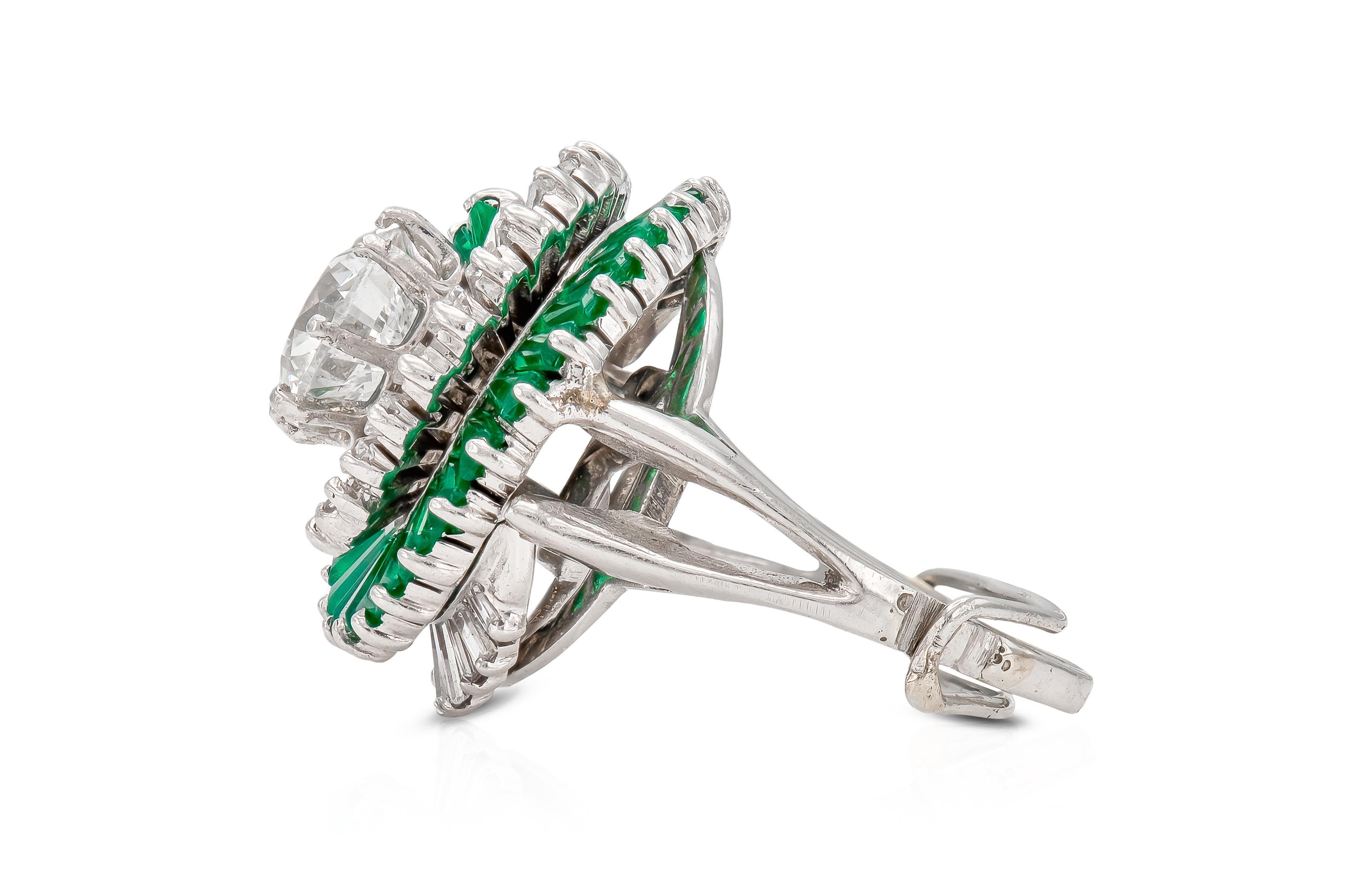 Round Cut Vintage 1950s 1.52 Carat Diamond Ring with Emerald and Diamond Swirl Setting For Sale