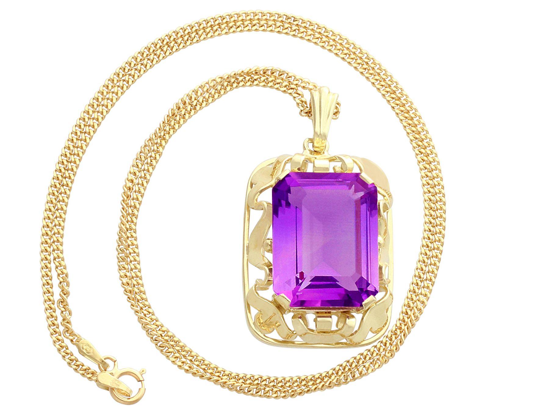An impressive vintage European 15.41 carat amethyst and 14 karat yellow gold pendant; part of our diverse gemstone jewelry and estate jewelry collections.

This fine and impressive vintage amethyst pendant has been crafted in 14k yellow gold.

The