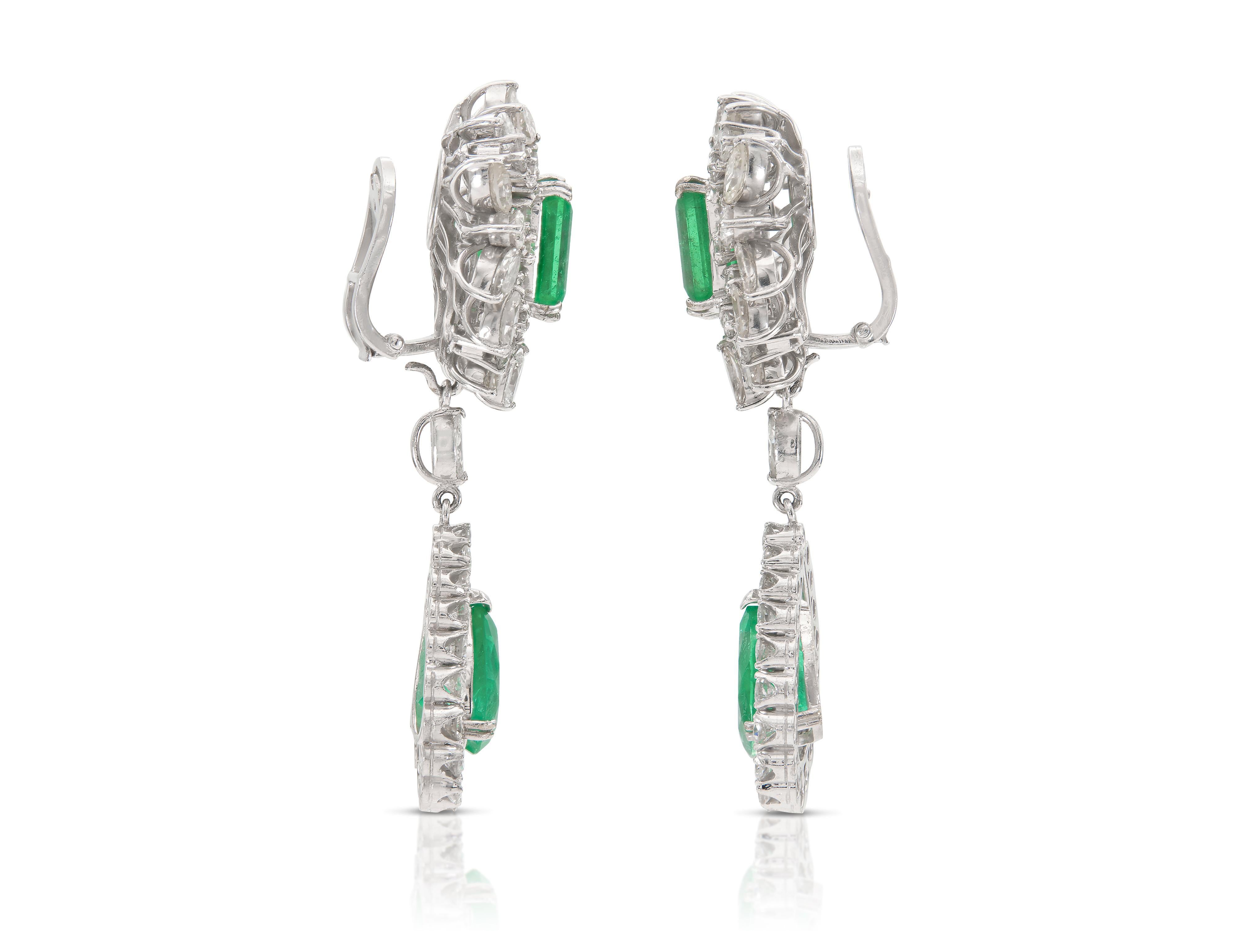 Pendientes colgantes desmontables de esmeralda de 17,00 quilates con diamantes, vintage años 50 Corte mixto en venta