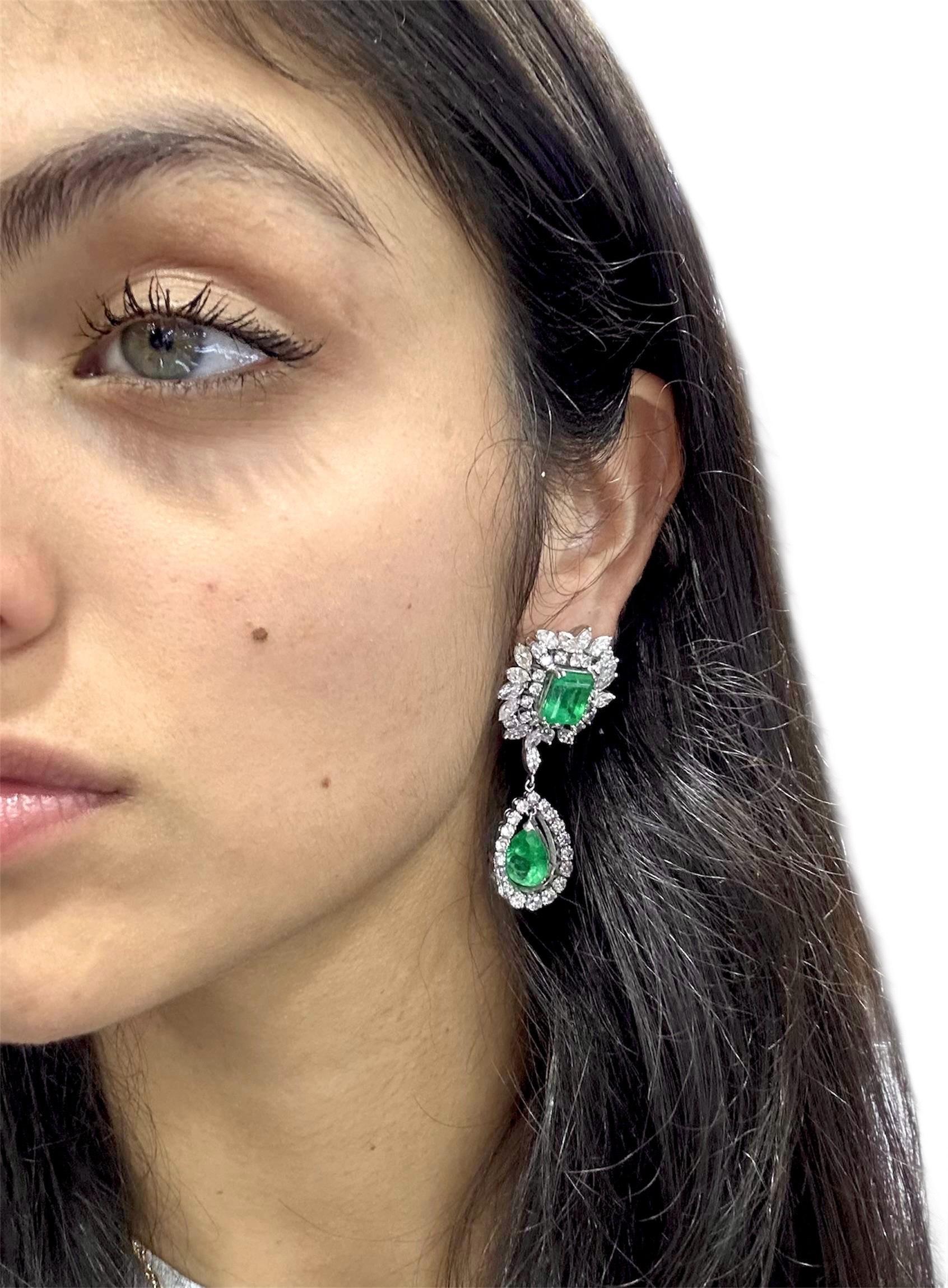 Pendientes colgantes desmontables de esmeralda de 17,00 quilates con diamantes, vintage años 50 en venta 3