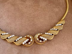 Vintage 1950s 18 K Yellow Gold Twist Wire Diamond Necklace Bucherer Switzerland