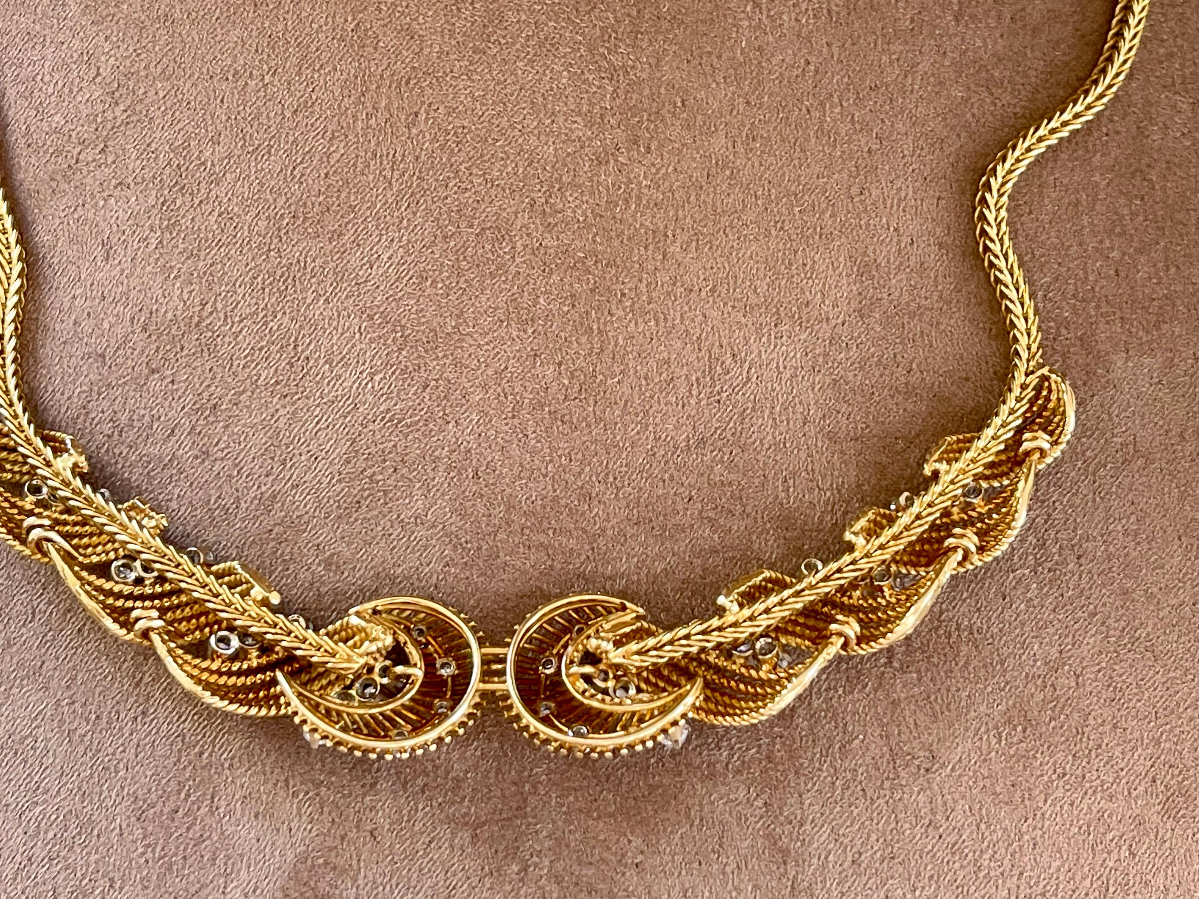 Women's Vintage 1950s 18 K Yellow Gold Twist Wire Diamond Necklace Bucherer Switzerland For Sale